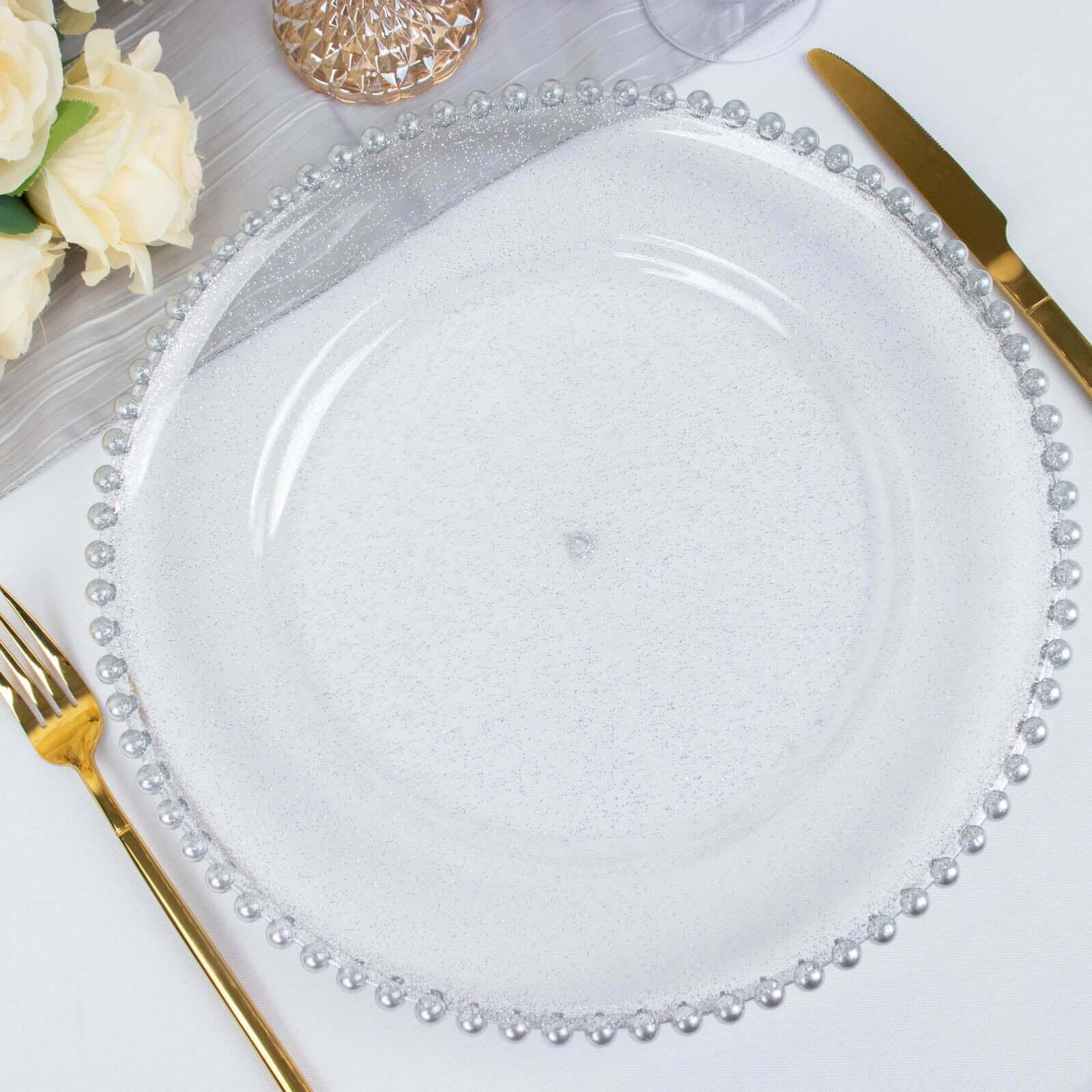 6-Pack Acrylic Round Charger Plates 13" in Clear Silver Glittered with Beaded Rim, Decorative Dinner Party Serving Plates