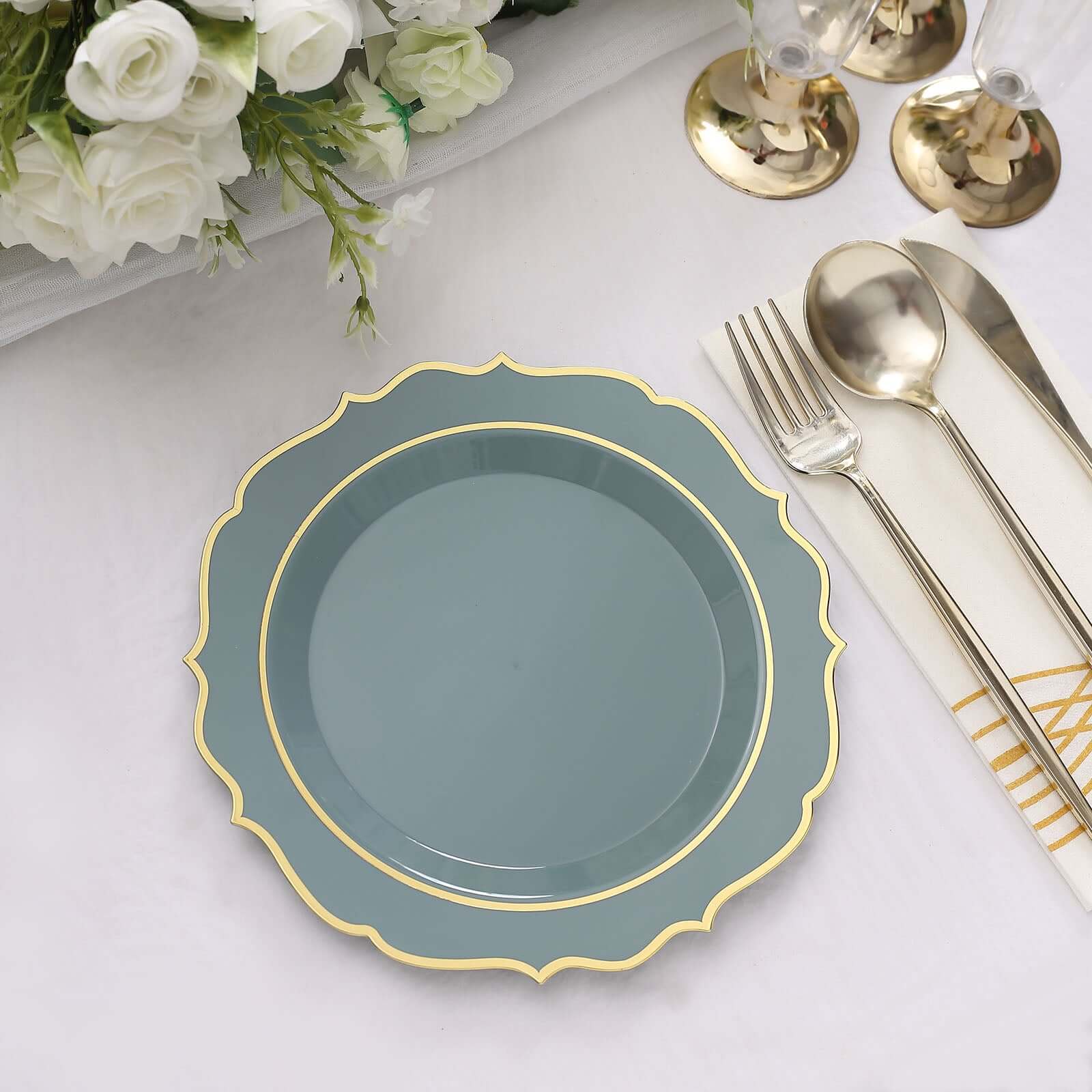 10-Pack Plastic 8" Round Desert Plates in Dusty Blue with Gold Scalloped Rim - Disposable Appetizer/Salad Plates