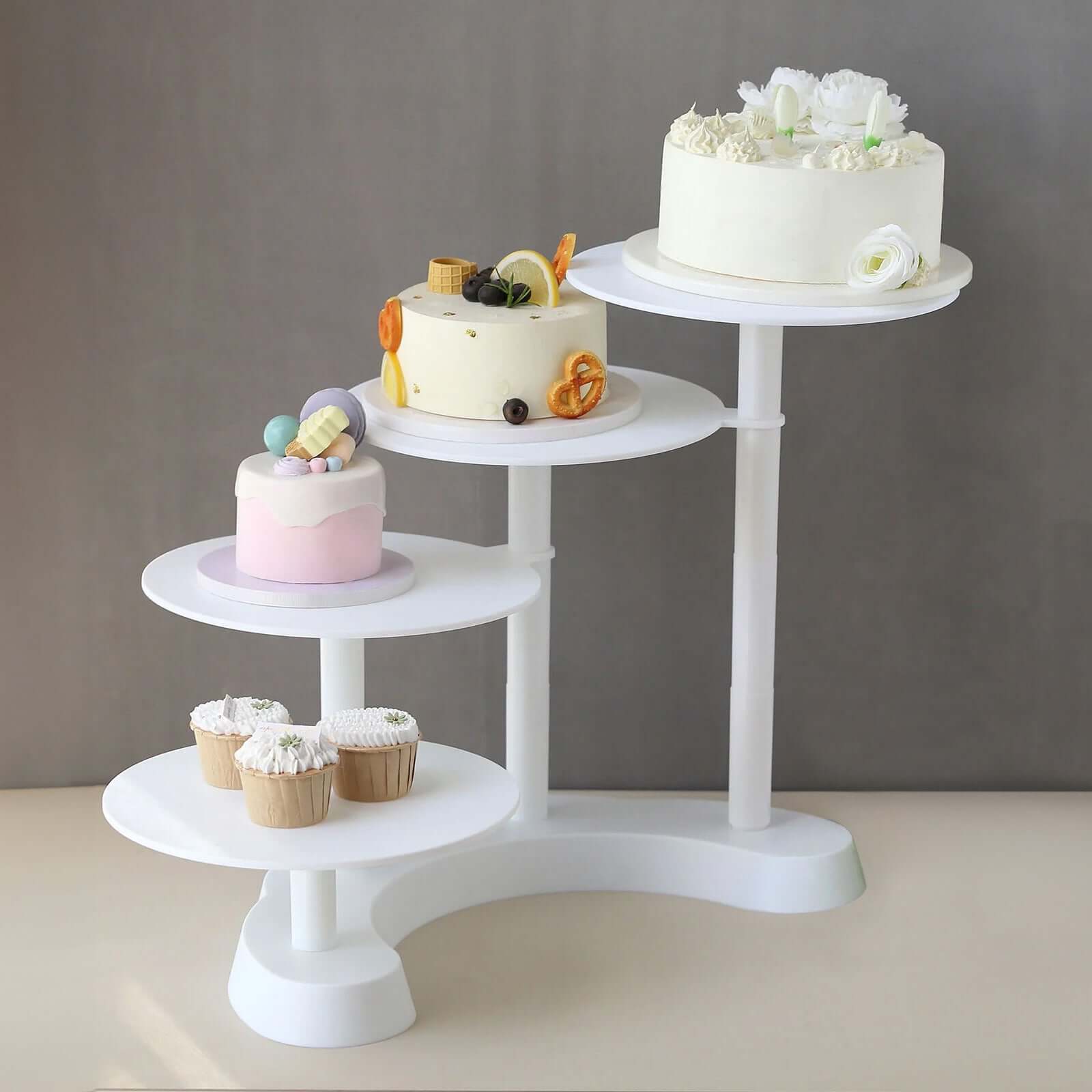 4-Tier Plastic Cake Stand with Half Moon Base White - Space Saving Multi-layer Cupcake Holder Dessert Tower for Weddings Tea Parties & Home Gatherings 17"