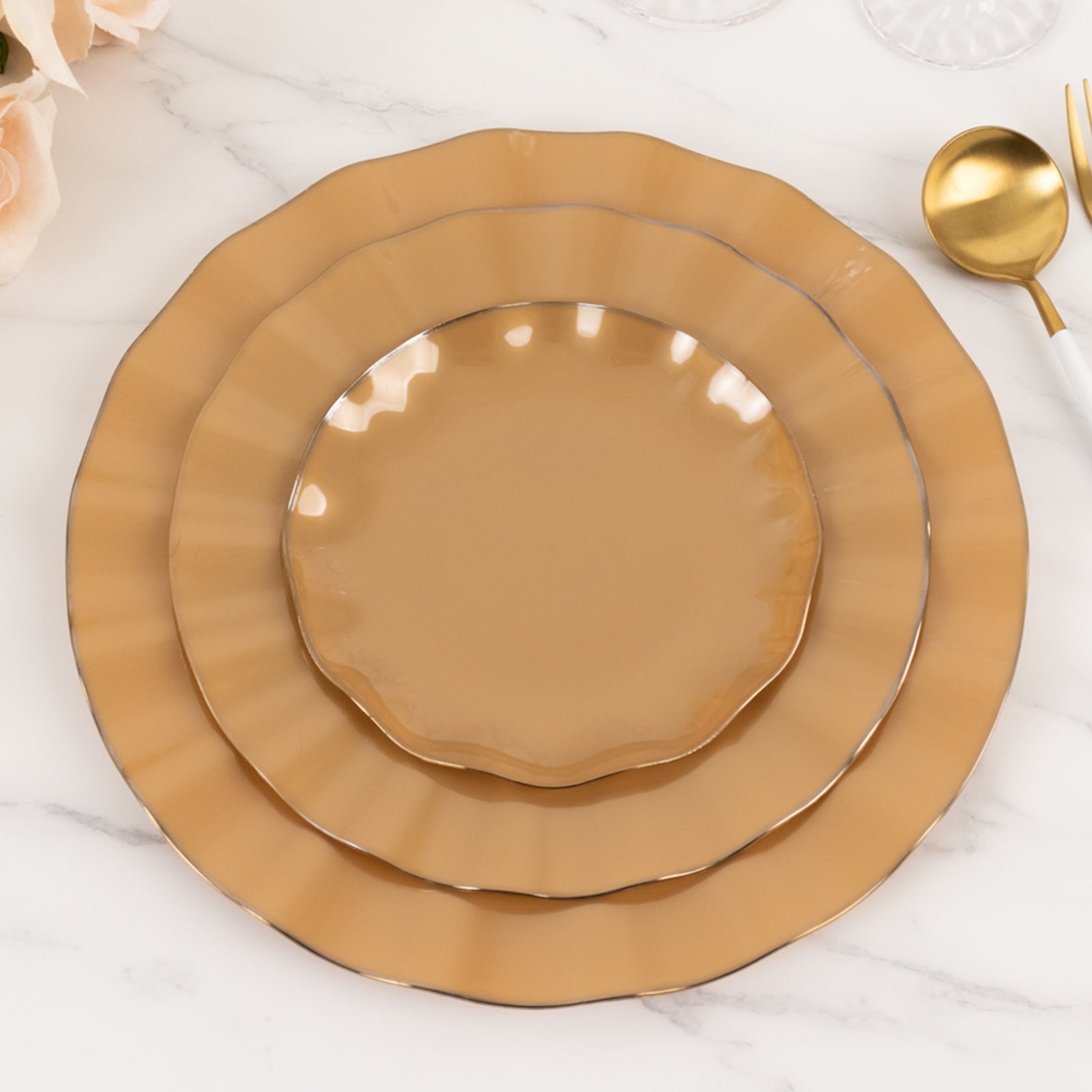 10-Pack Plastic Round 6" Dessert Plates in Gold with Ruffled Rim - Sturdy Disposable Salad Appetizer Dinnerware for Classy Events & Banquets