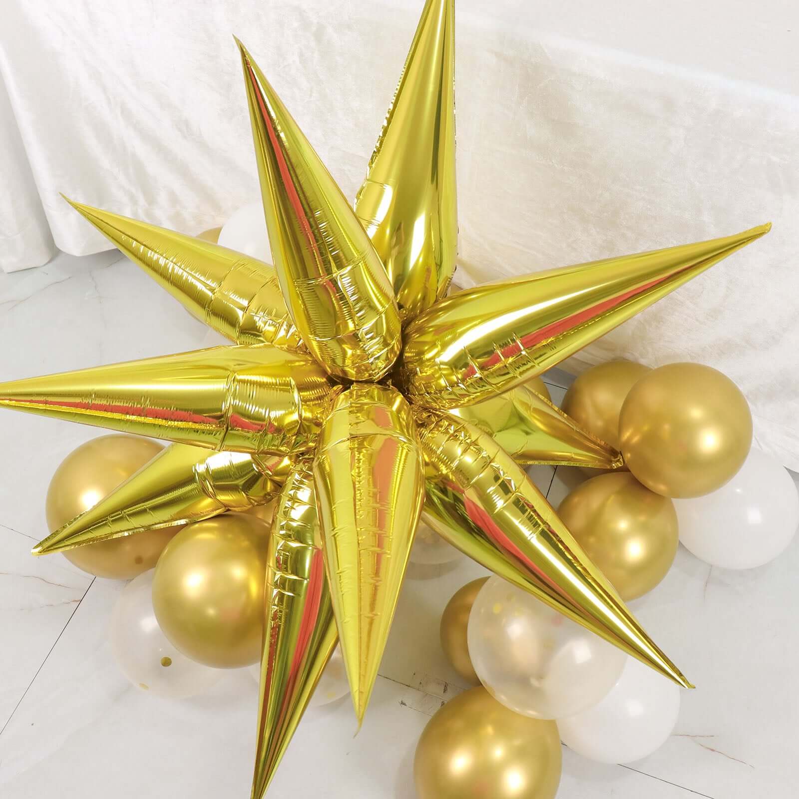 36 Pack Metallic Gold DIY Mylar Foil Starburst Cone Balloons, 3D Explosion Star Party Balloons Kit - Customizable
