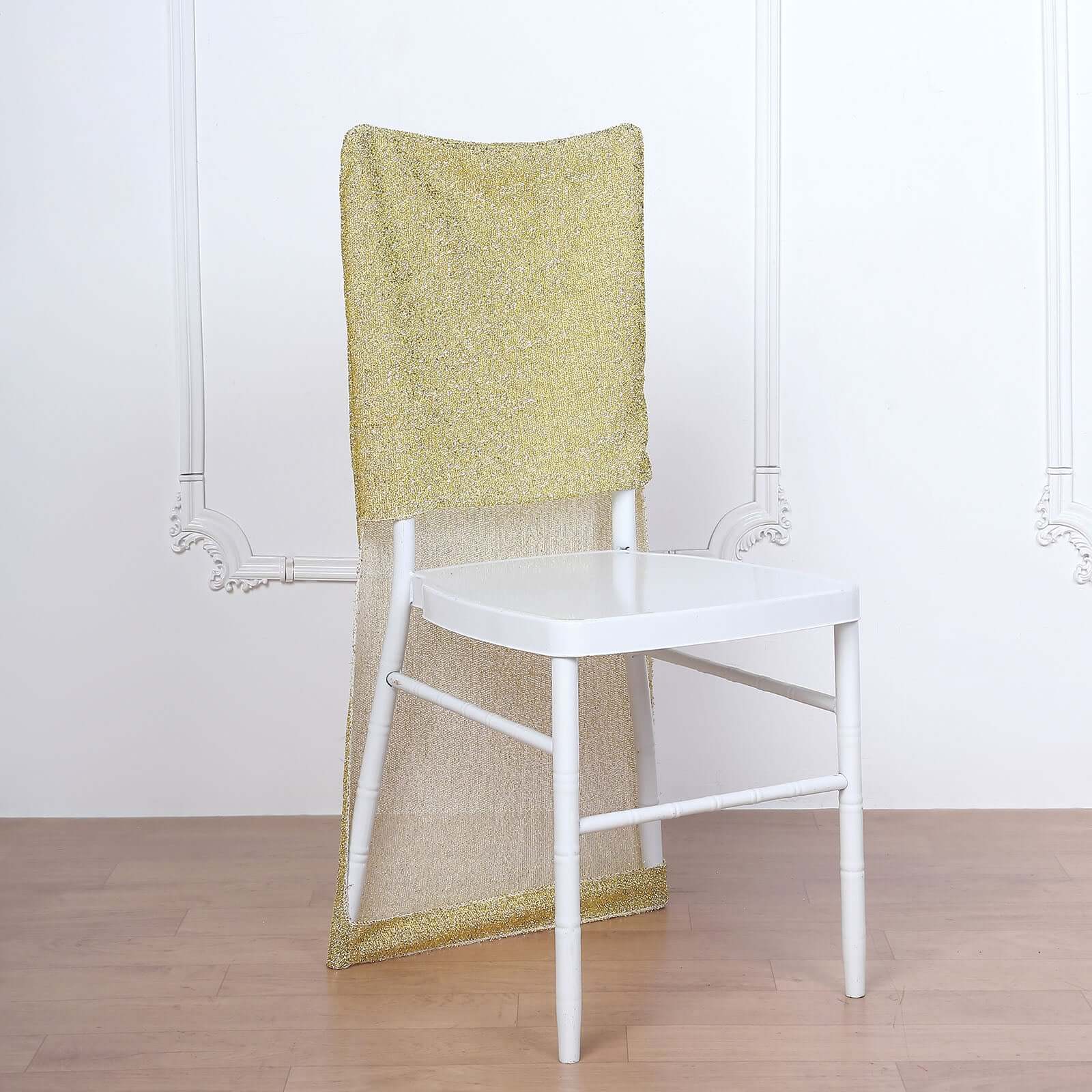 Stretch Spandex Chair Back Slipcover with Metallic Shimmer Tinsel Champagne - Durable Chiavari Chair Back Cover