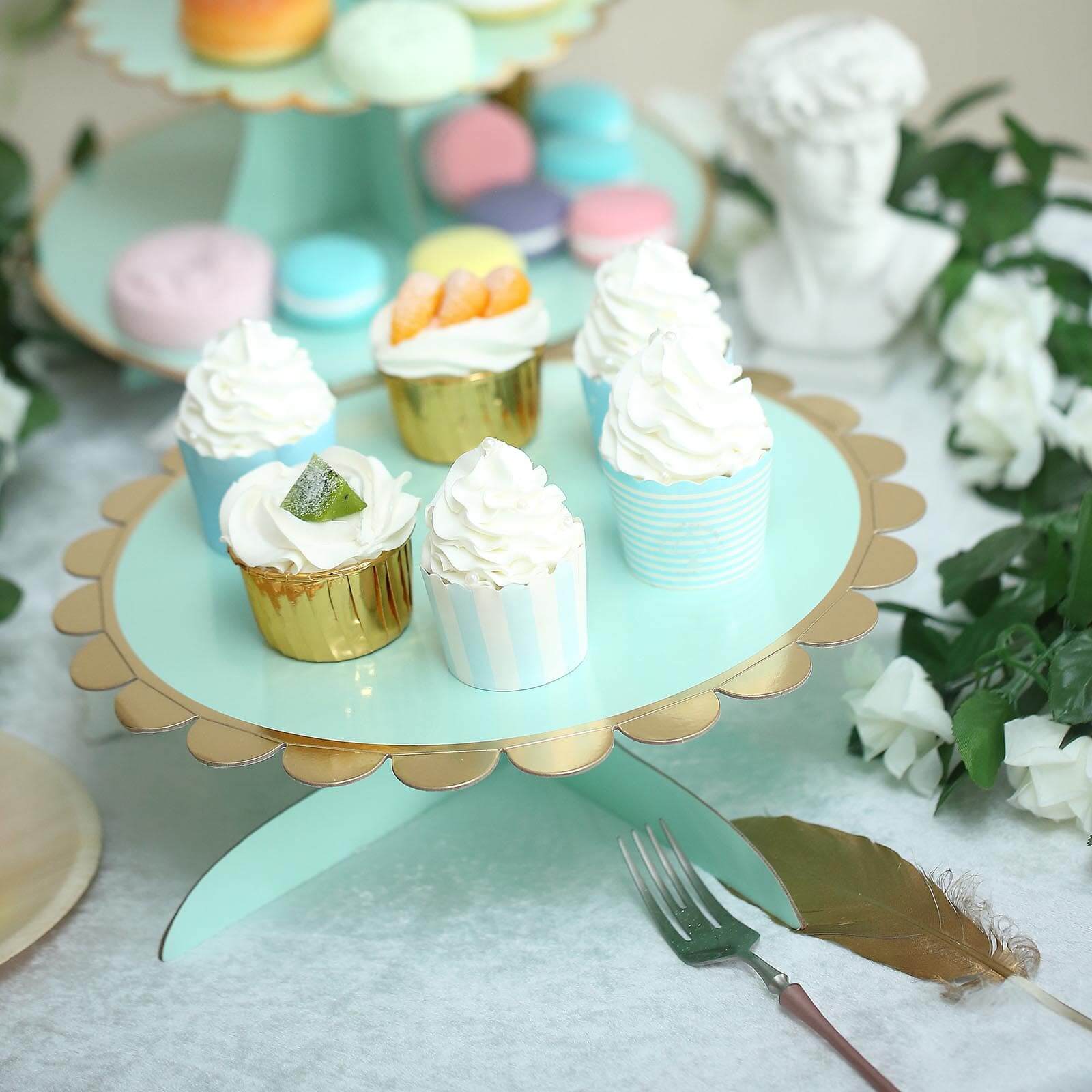 1-Tier Cardboard Cake Stand Mint - Stylish Reusable Cupcake Dessert Holder with Gold Scalloped Rim for Baby Showers Birthdays & Events 13"