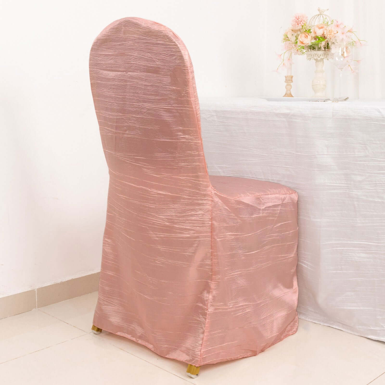 Crinkle Crushed Taffeta Chair Cover for Banquet Chairs Dusty Rose - Reusable Slipcover