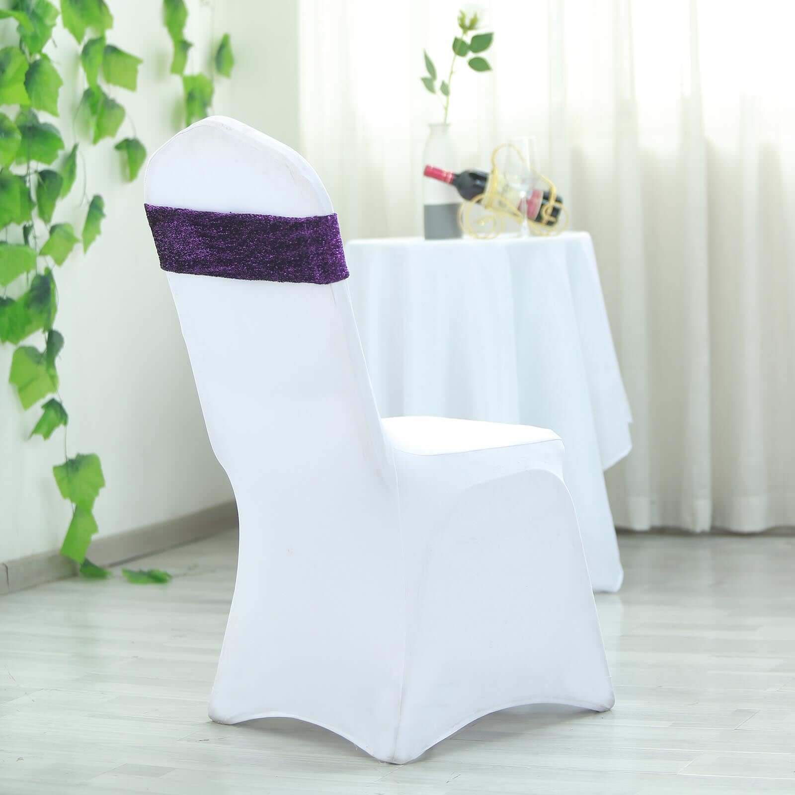 5 Pack Metallic Shimmer Tinsel Spandex Chair Sashes Purple - Durable and Reusable Stretch Chair Bands