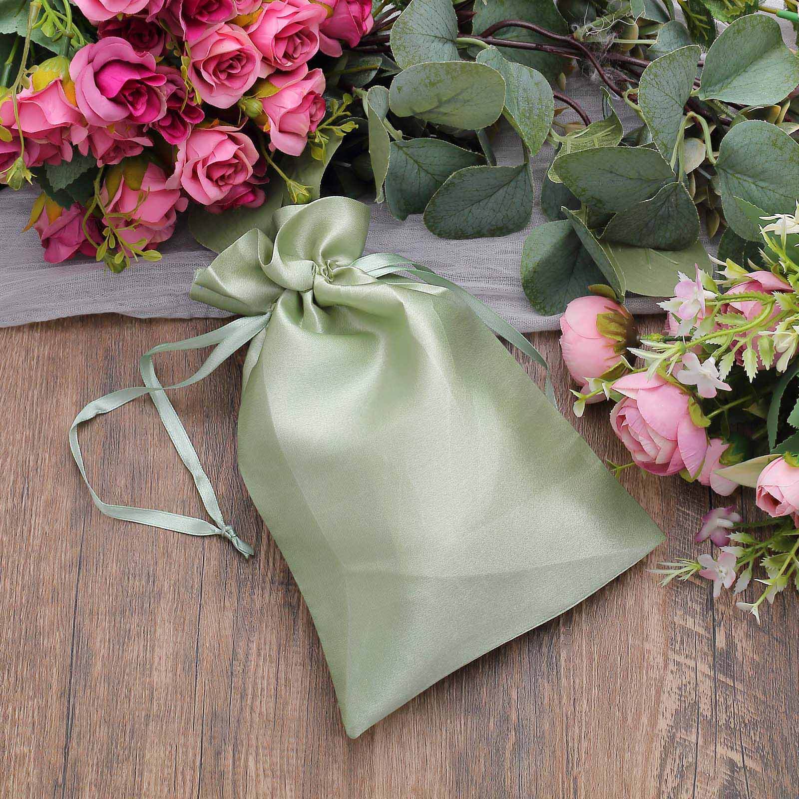 12 Pack 6"x9" Sage Green Satin Wedding Party Favor Bags, Drawstring Pouch Gift Bags