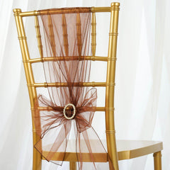 5 Pack Organza Chair Sashes Chocolate - Reusable Sheer Chair Bows 6"x108"
