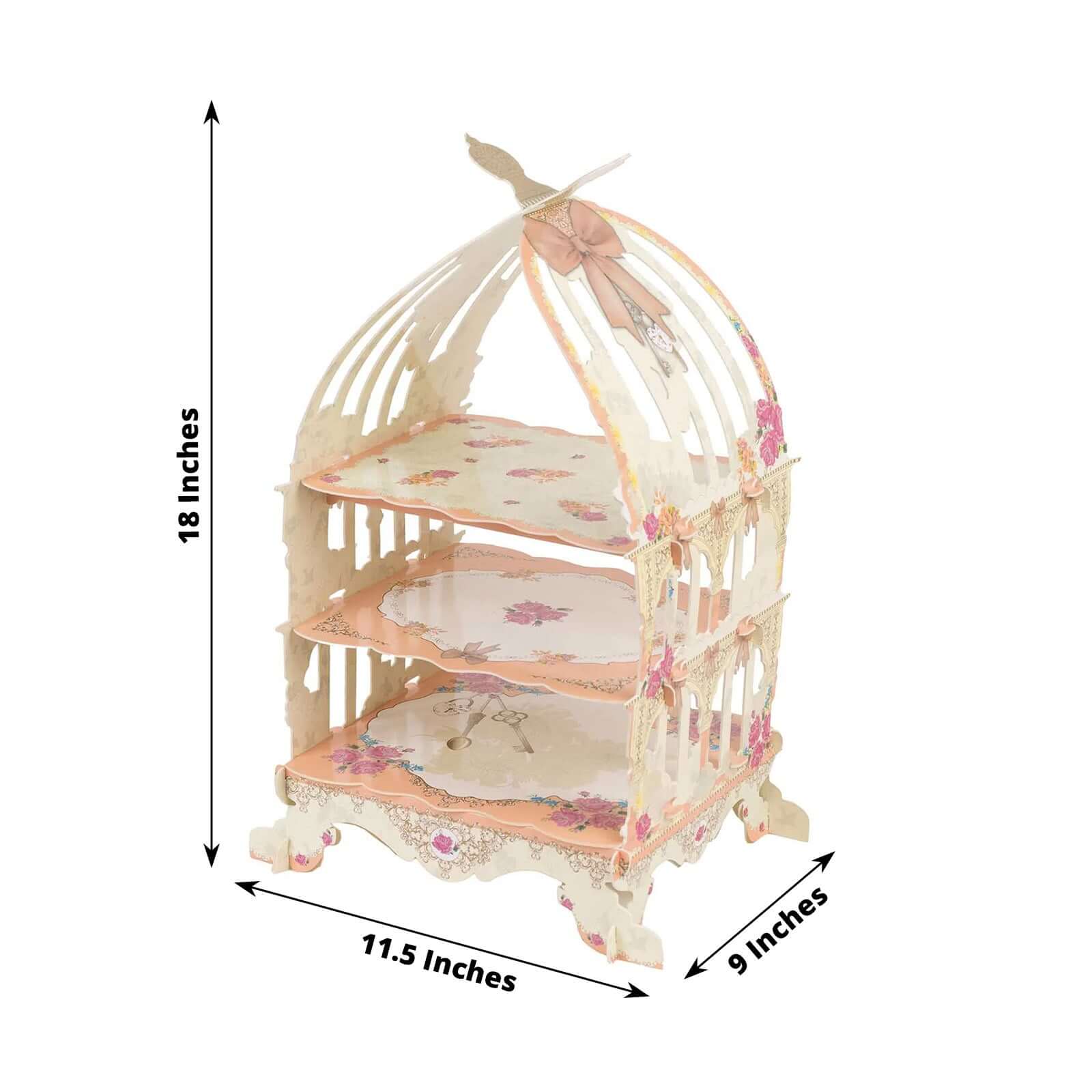 3 Tier Cardboard Cupcake Stand White/Peach Birdcage Style - Charming Reusable Cake Display Holder with Floral Print for Dessert Bars Afternoon Teas & Party Decor 18"