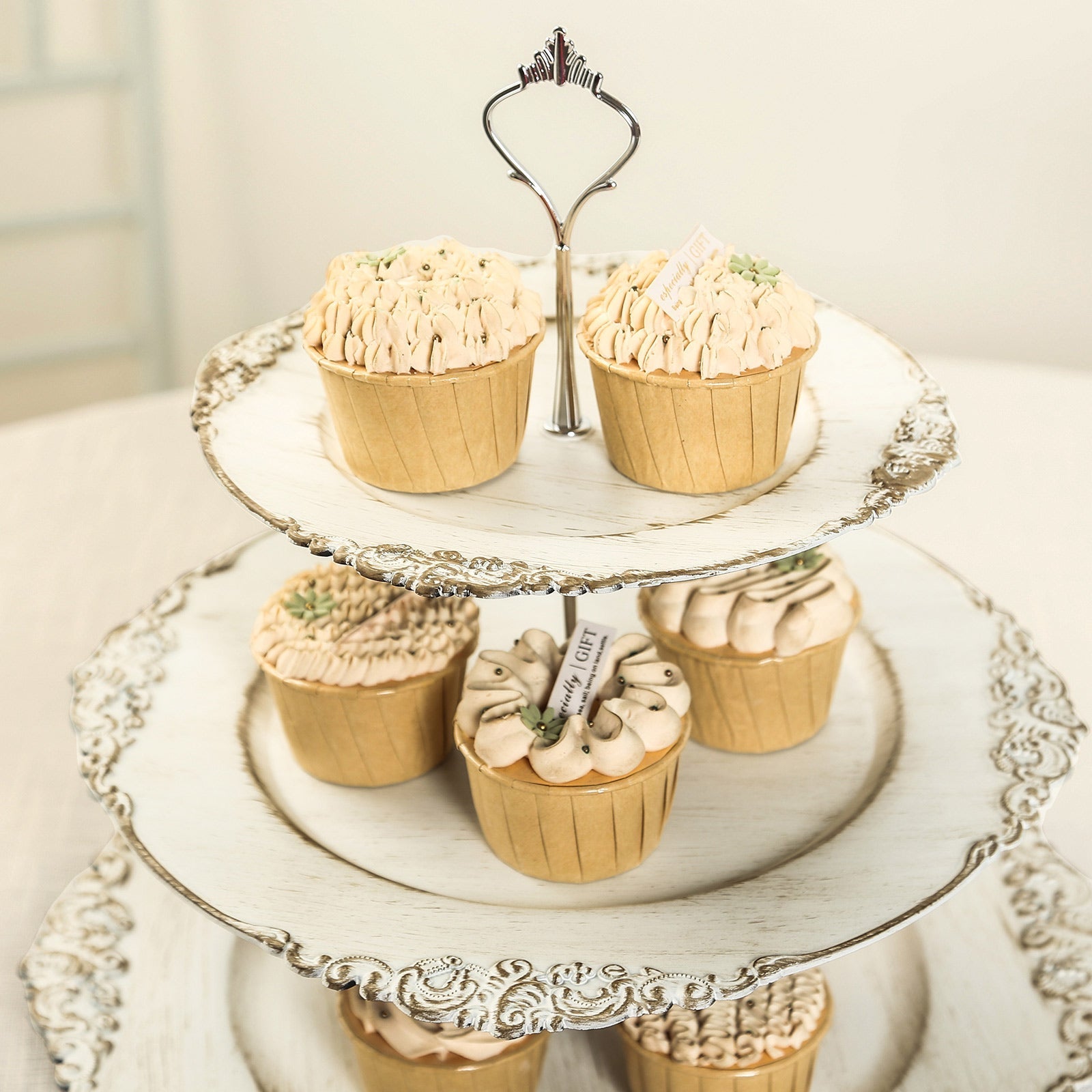 3-Tier Plastic Round Cupcake Stand Whitewashed - Vintage-Inspired Reusable Dessert Display Holder Tea Party Serving Tray Platter with Antique Gold Baroque Rim & Top Handle 13"