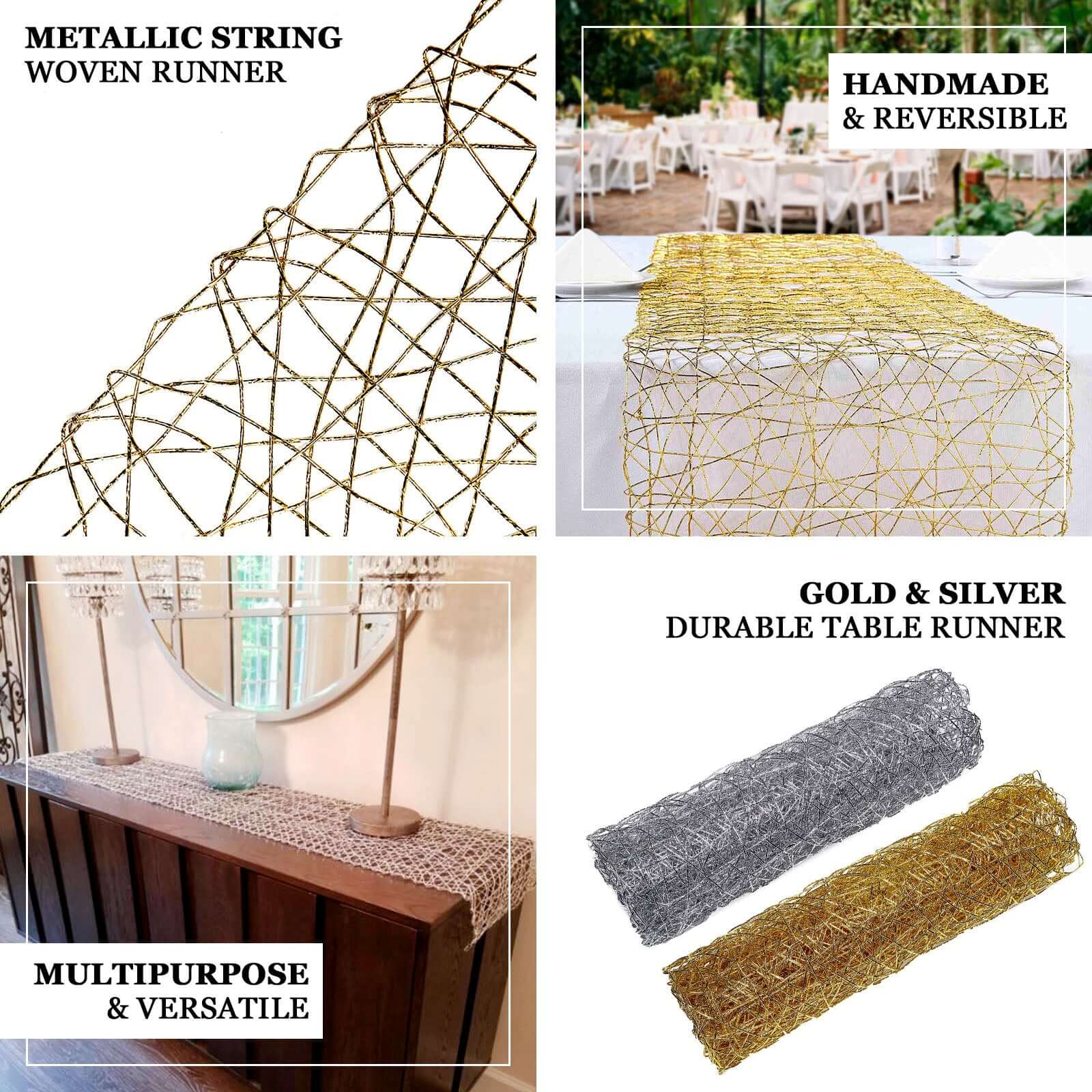 Metallic String Woven 16"x72" Table Runner Silver - Reversible Wire Nest Table Decor