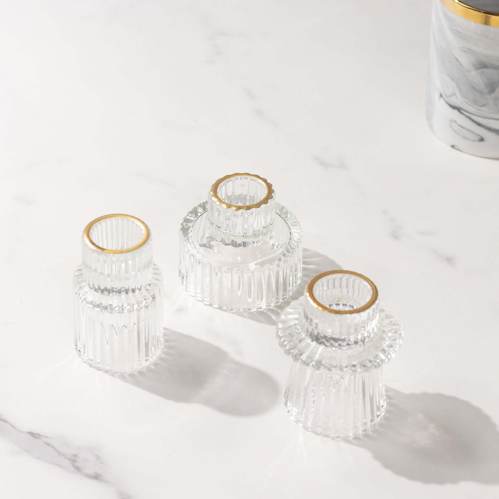 Set of 6 Glass Taper Candle Holders Ribbed Crystal Design with Gold Rim Clear - Reversible Mini Votive Tealight Stands 3"