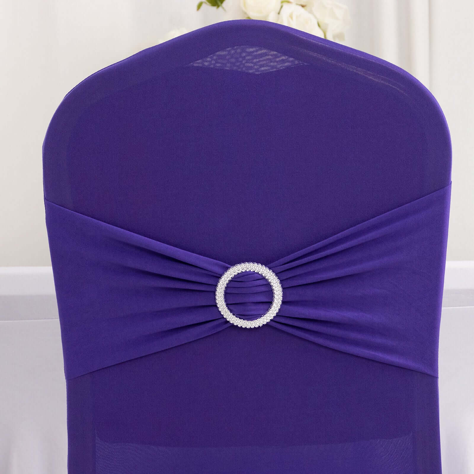 Spandex Chair Cover with Purple Rhinestone Buckled Sash Band Blush - Stretch Fitted Slipcover