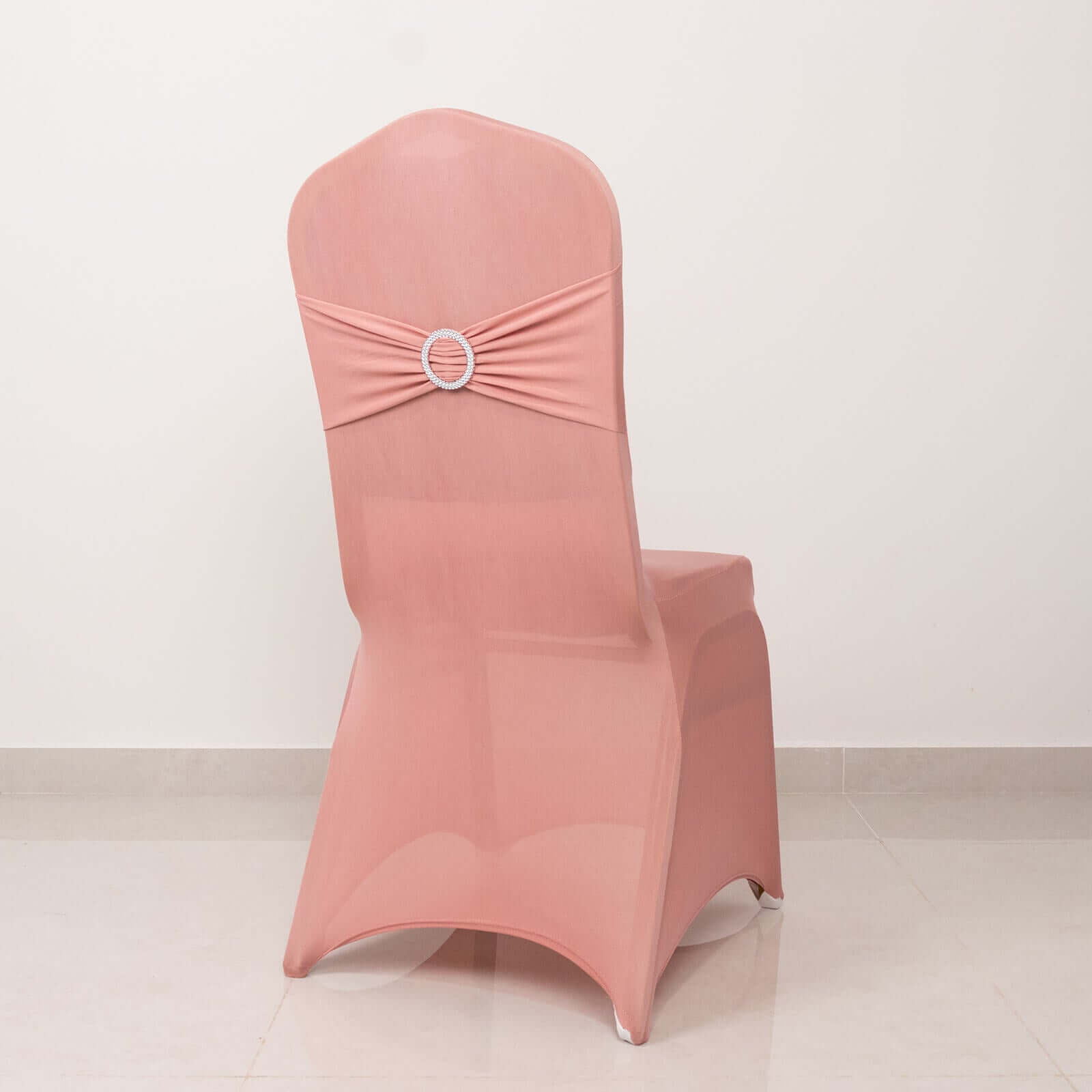 Spandex Chair Cover with Dusty Rose Rhinestone Buckled Sash Band Blush - Stretch Fitted Slipcover