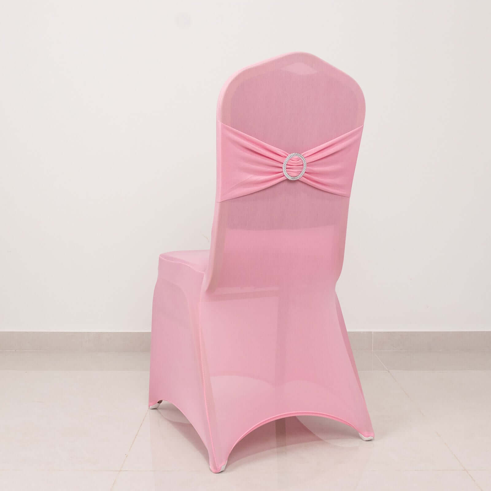Spandex Chair Cover with Pink Rhinestone Buckled Sash Band Blush - Stretch Fitted Slipcover