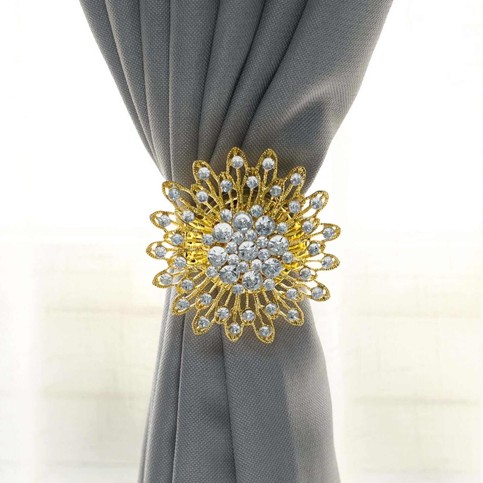 2 Pack 4" Gold Crystal Flower Magnetic Curtain Tie Backs, Backdrop Drapery Panel Buckle Clips