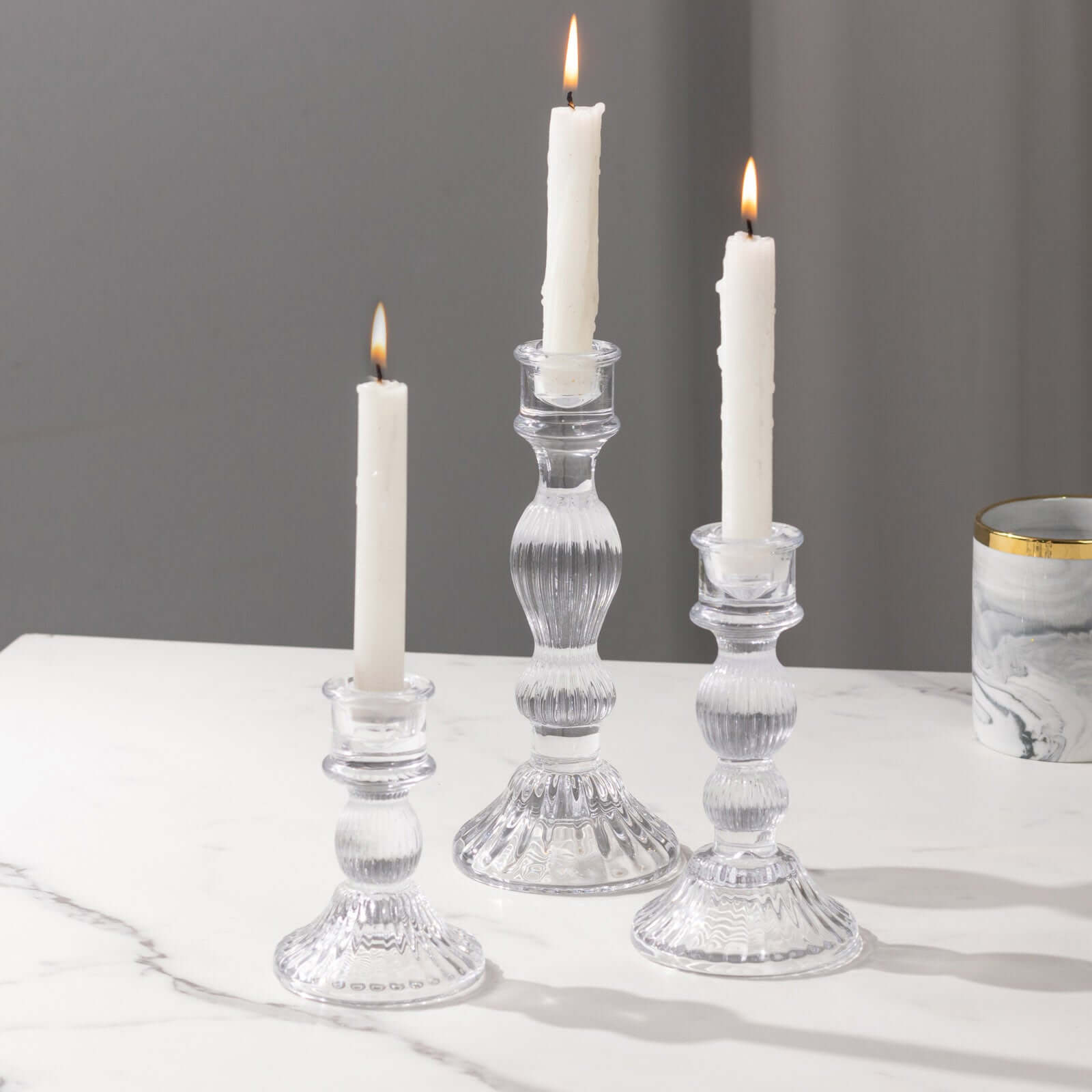 Set of 3 Glass Taper Candle Holders Fluted Design Clear - Ribbed Crystal Candlestick Stands 4", 6", 8"