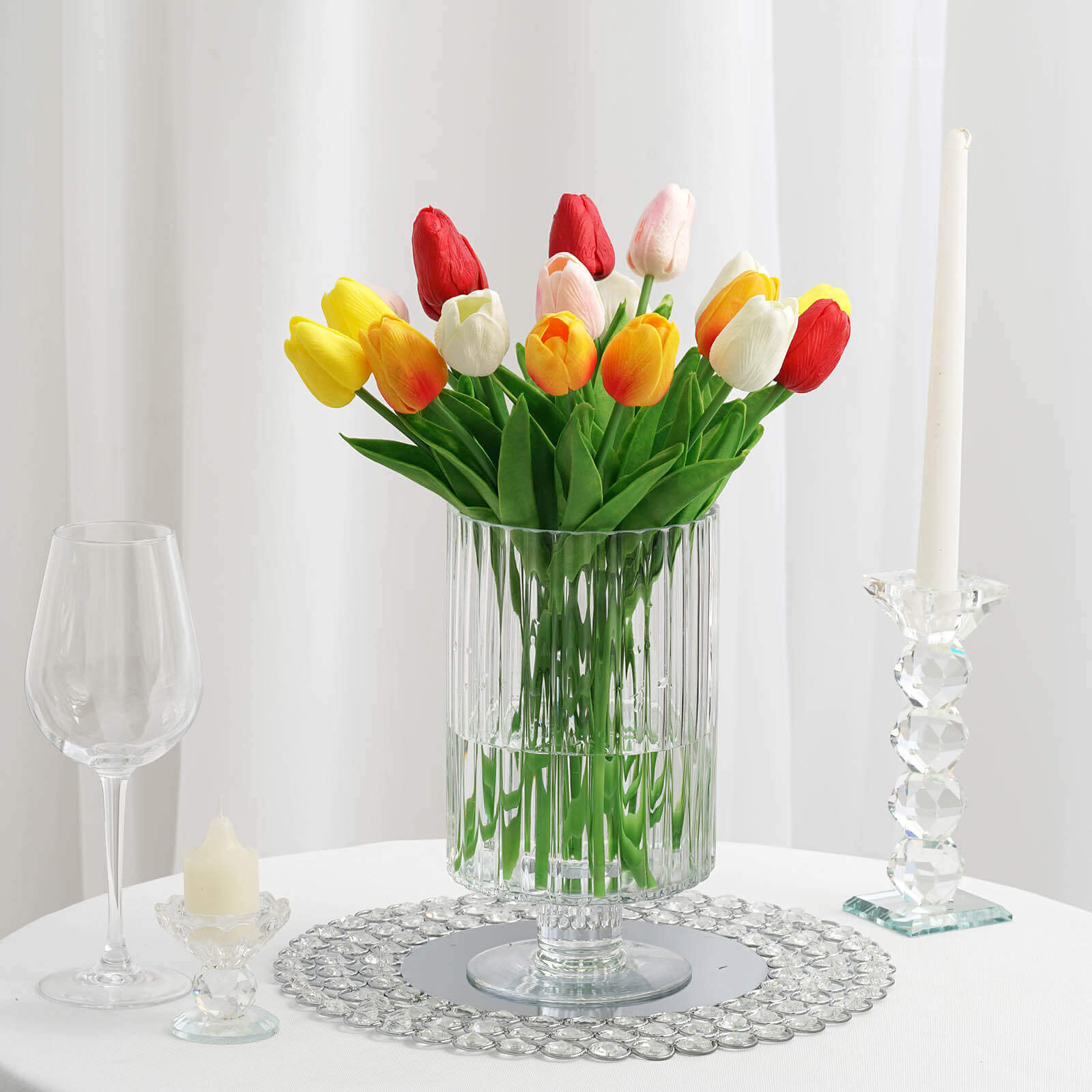 2-Pack Glass Pedestal Vases Ribbed Design Clear - Durable Votive Candle Holders for Events 9"