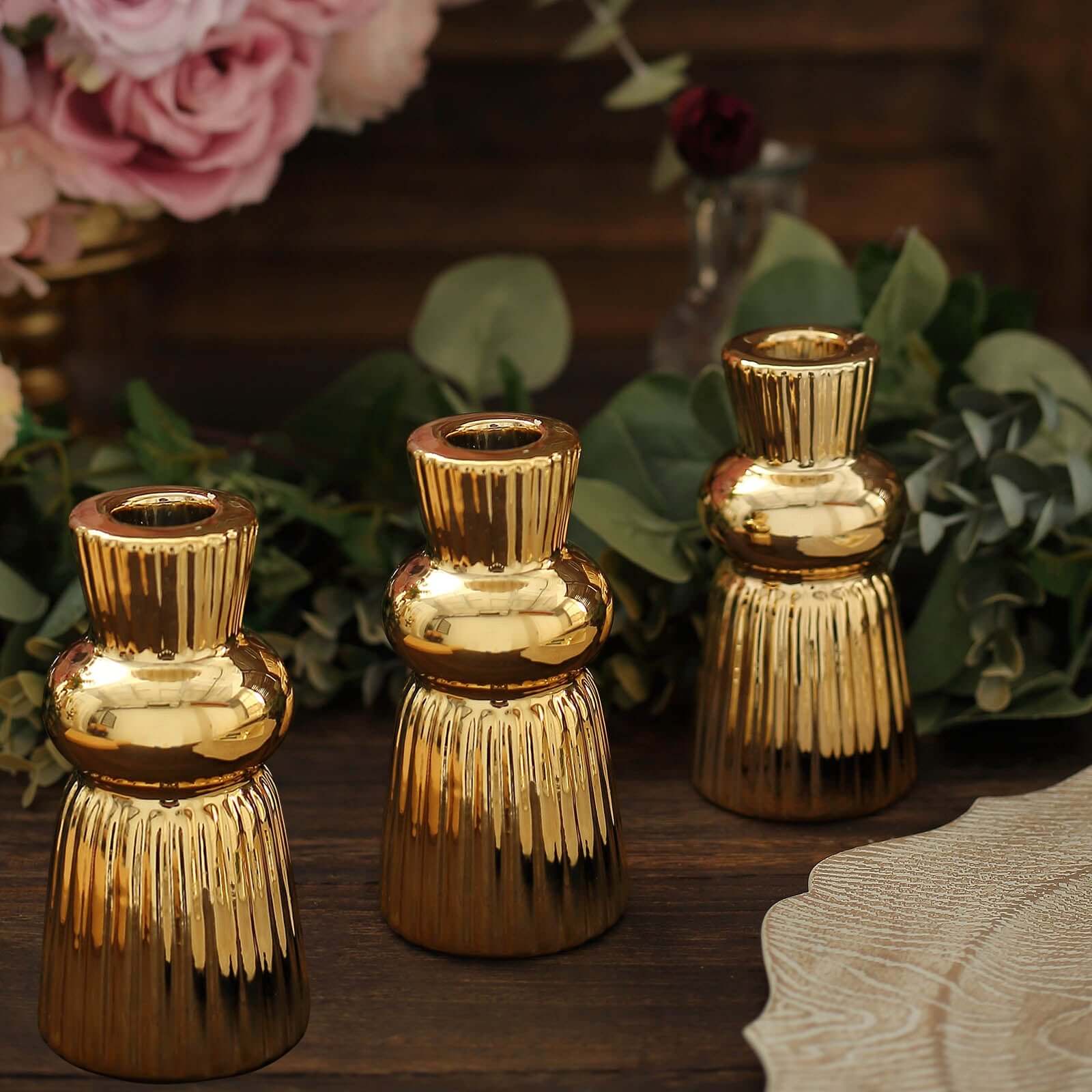 3-Pack Ceramic Taper Candle Holders Fluted Ball Neck Design Metallic Gold - Ribbed Candlestick Stands 5"