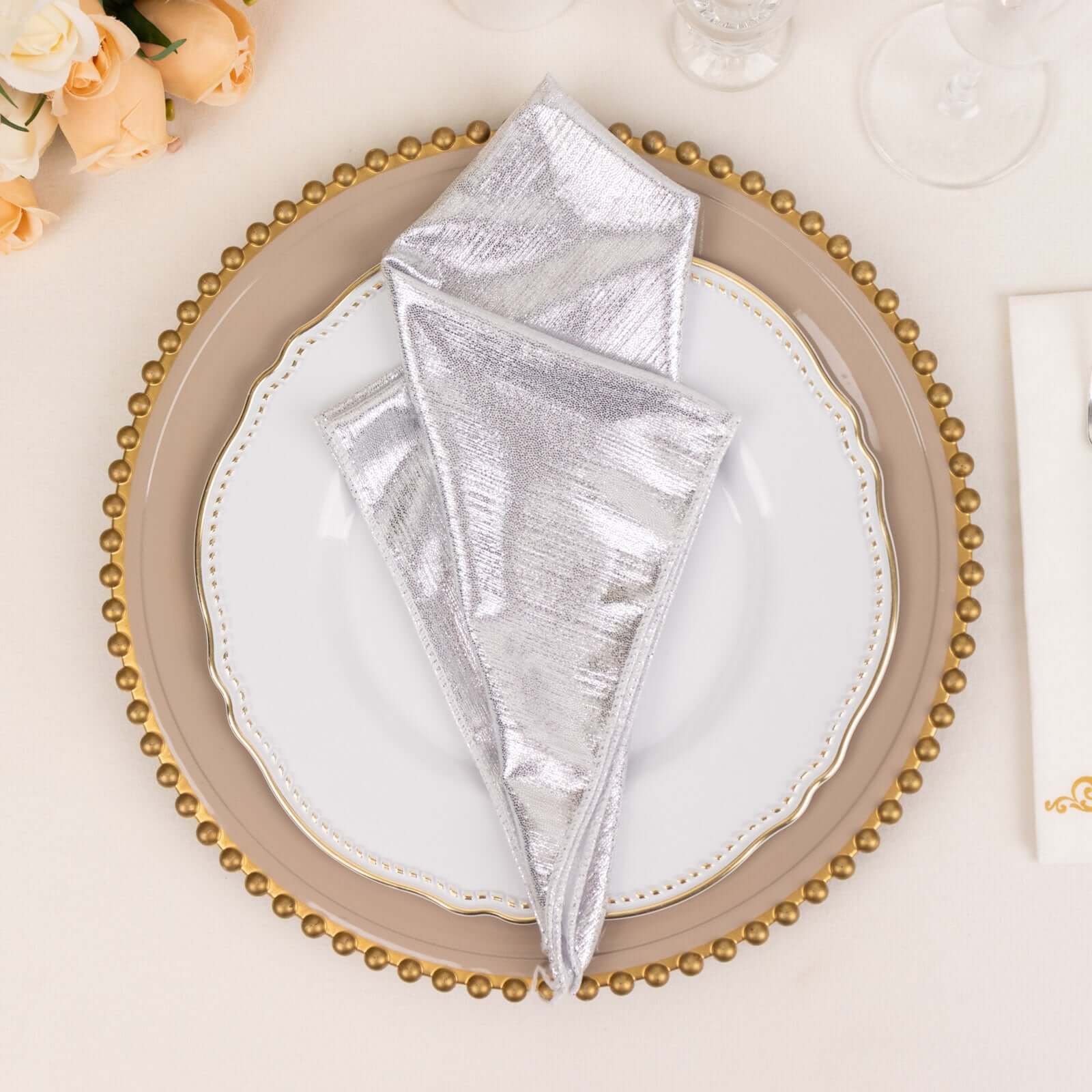 5 Pack Polyester 20"x20" Napkins Silver Shimmer Sequin Dots - Luminous Cloth Napkins