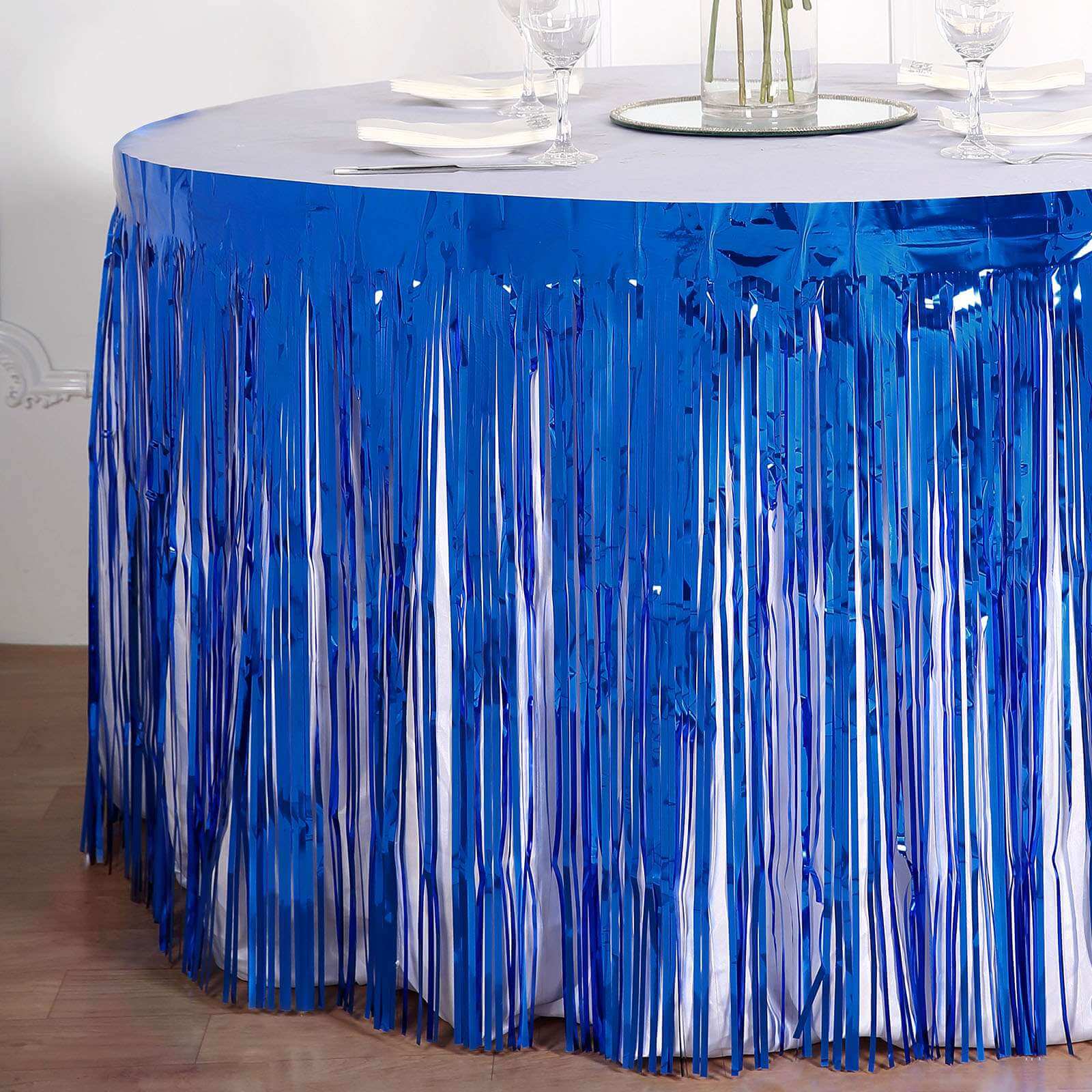 Metallic Foil Fringe Table Skirt Royal Blue with Self Adhesive Backing - Durable Tinsel Skirt for Parties 30"x9ft