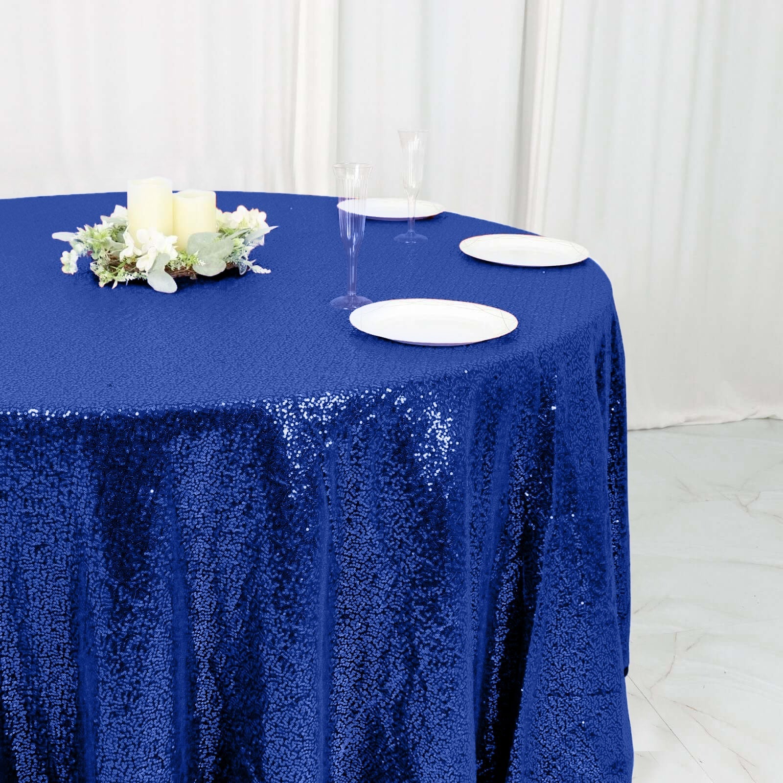 Sequin 120" Round Tablecloth Royal Blue - Seamless Glittering Table Cover