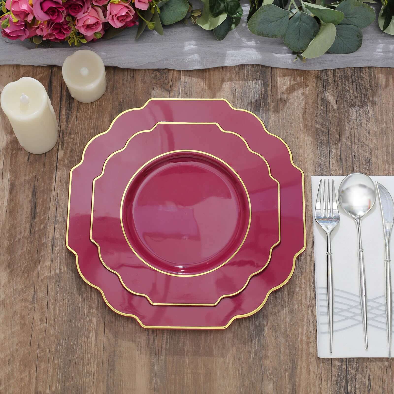 10-Pack Plastic Dinner Plates in Burgundy Baroque Design with Scalloped Gold Rim - Heavy Duty Disposable Party Plates 11"