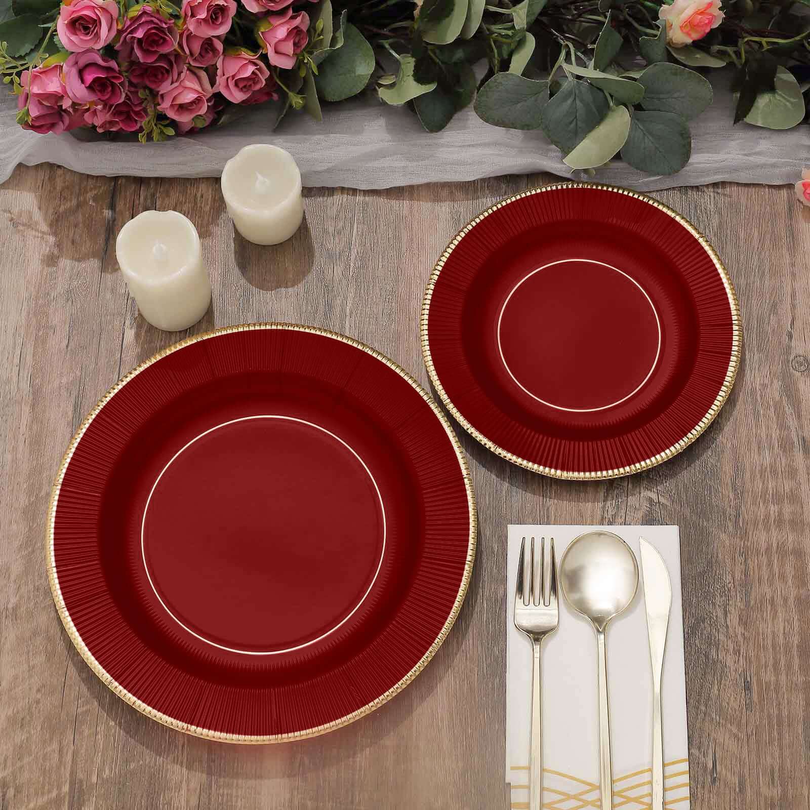 25-Pack Paper 8" Round Dessert Plates in Burgundy Sunray Design with Gold Rim - Disposable Heavy Duty 350GSM Appetizer Salad Plates