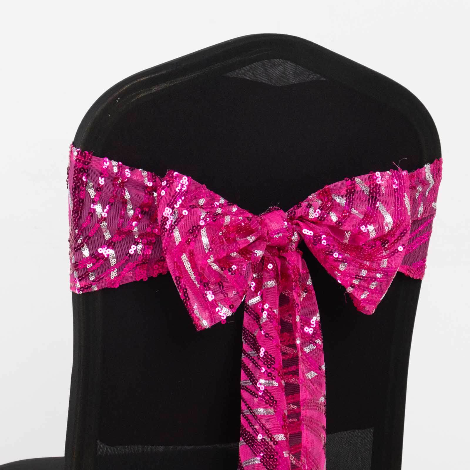 5 Pack Chair Sashes with Wave Embroidered Sequins Fuchsia/Silver 6"x88"