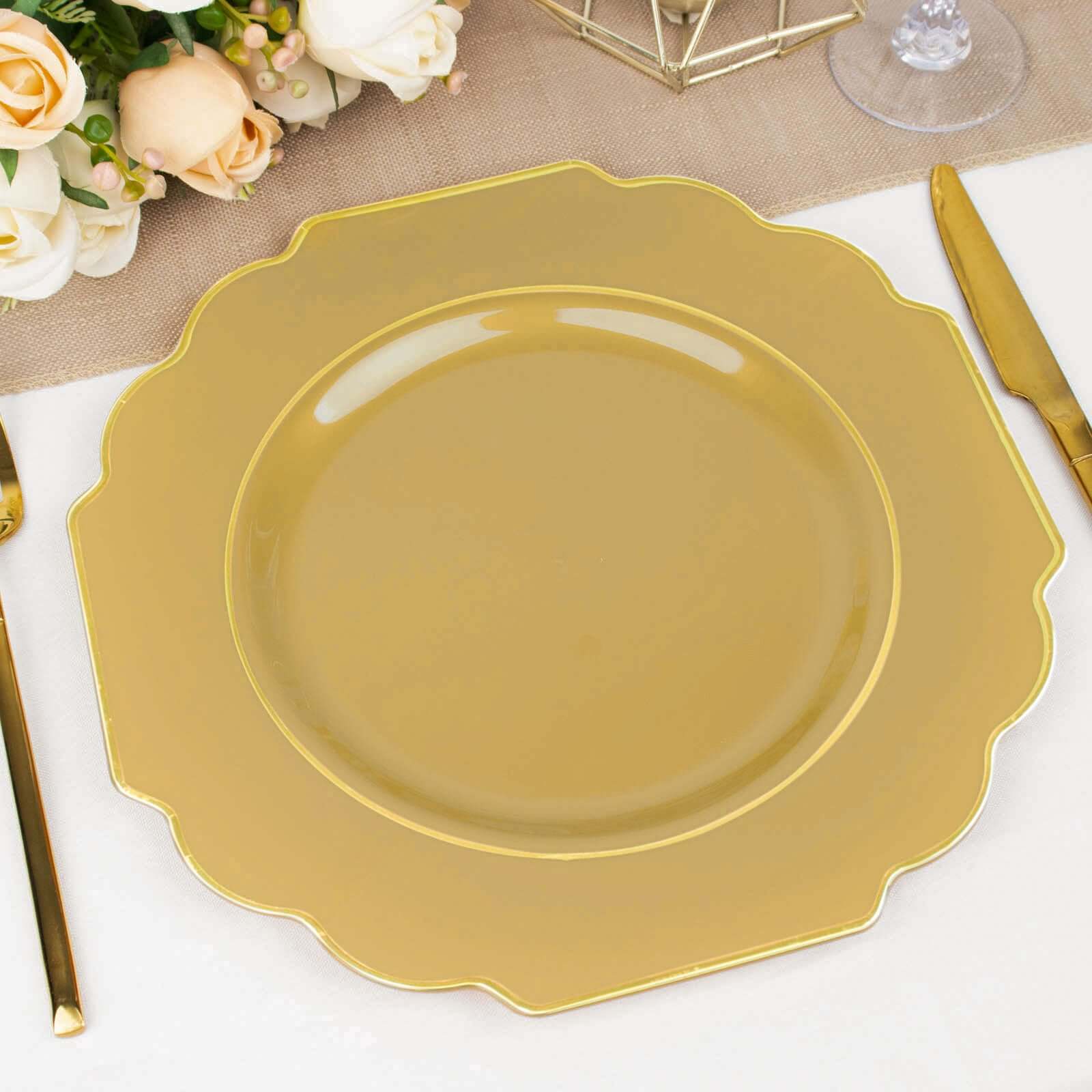 10-Pack Plastic Dinner Plates in Gold Baroque Design with Scalloped Gold Rim - Heavy Duty Disposable Party Plates for Events & Banquets 11"