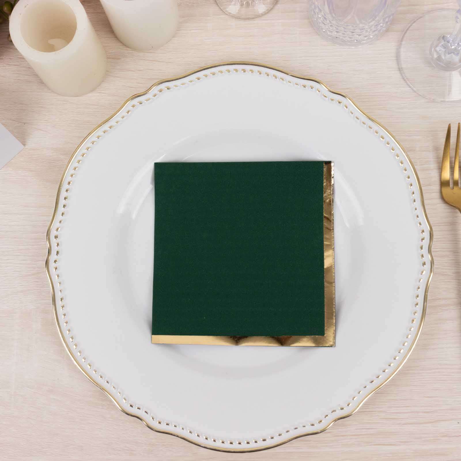 50-Pack Paper Beverage Napkins Hunter Emerald Green with Gold Foil Edge - 2 Ply Disposable Soft 18GSM Cocktail Napkins 5"x5"