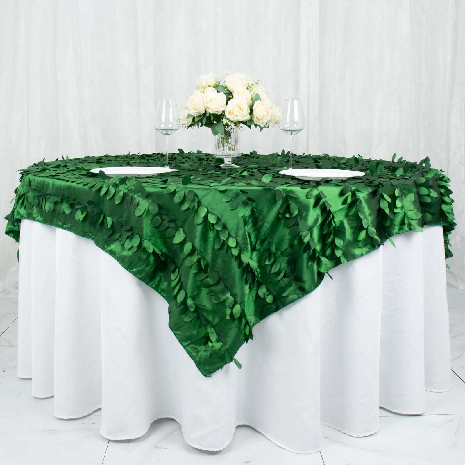 Taffeta 72"x72" Table Overlay Square Tablecloth Green - 3D Leaf Petal Table Cover