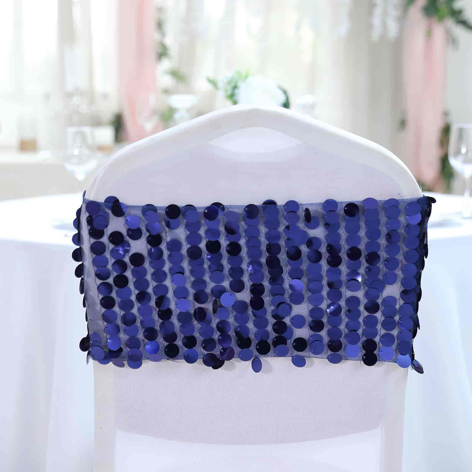 5 Pack Big Payette Sequin 13"x10" Chair Sash Bands Navy Blue - Stylish Glittering Decor for Weddings & Gatherings