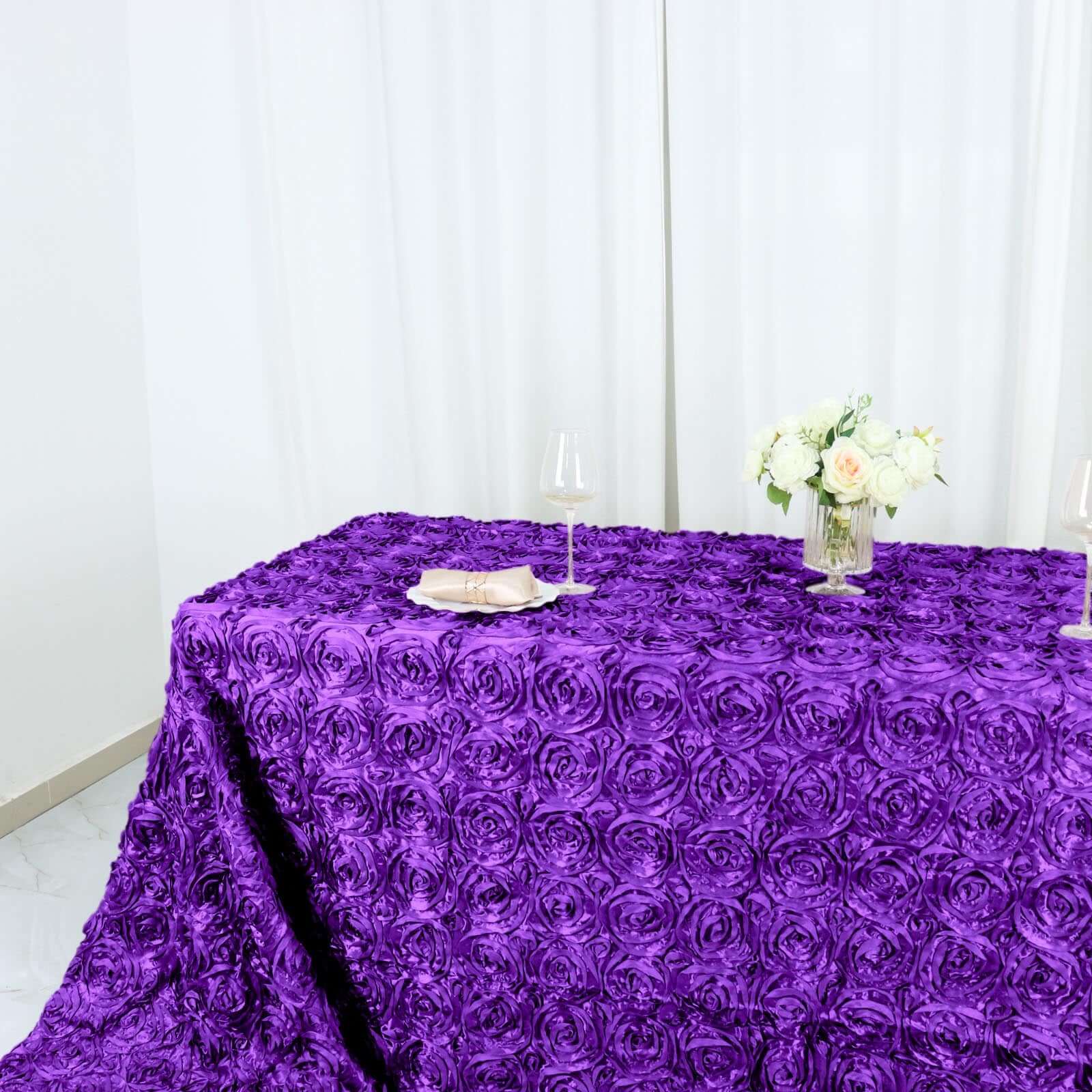 Satin 90"x156" Rectangle Tablecloth Purple - Grandiose 3D Rosette Table Cover with Seamless Finish
