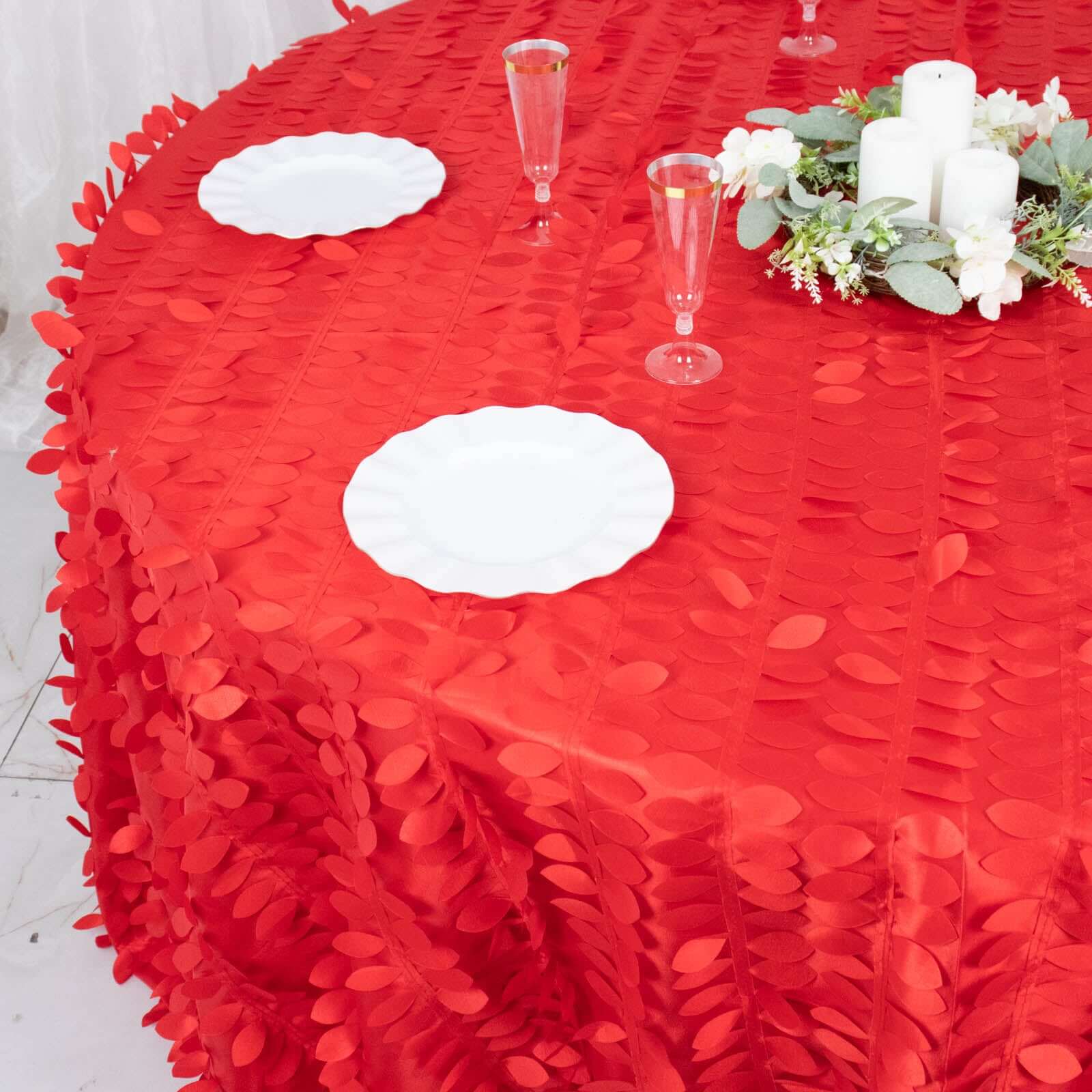 Taffeta 132" Round Tablecloth Red Leaf | 3D Leaf Petal Design Seamless Table Cover