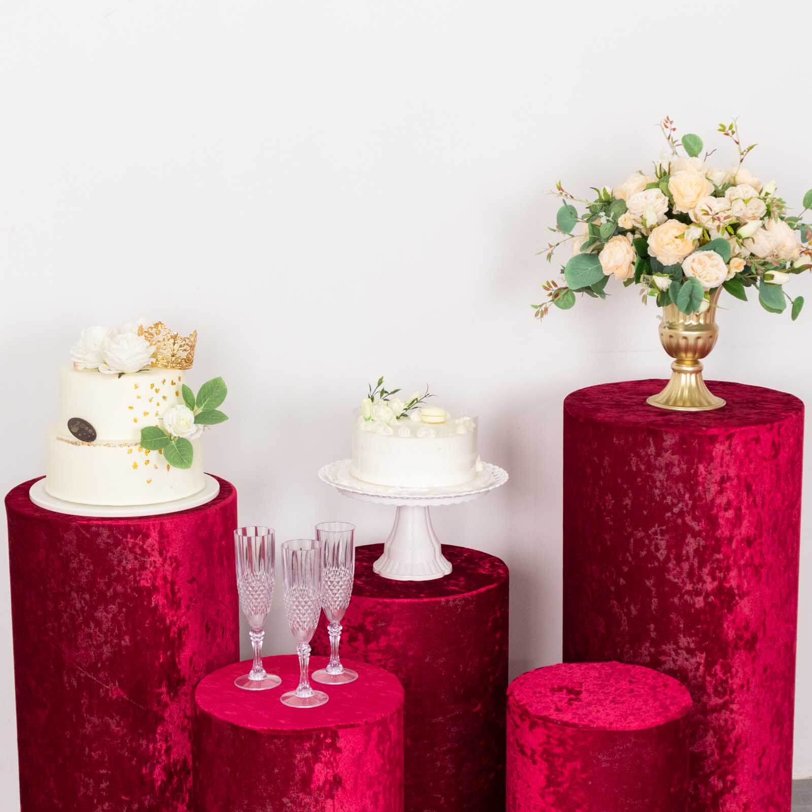 Set of 5 Red Crushed Velvet Cylinder Pedestal Stand Covers, Premium Pillar Prop Covers