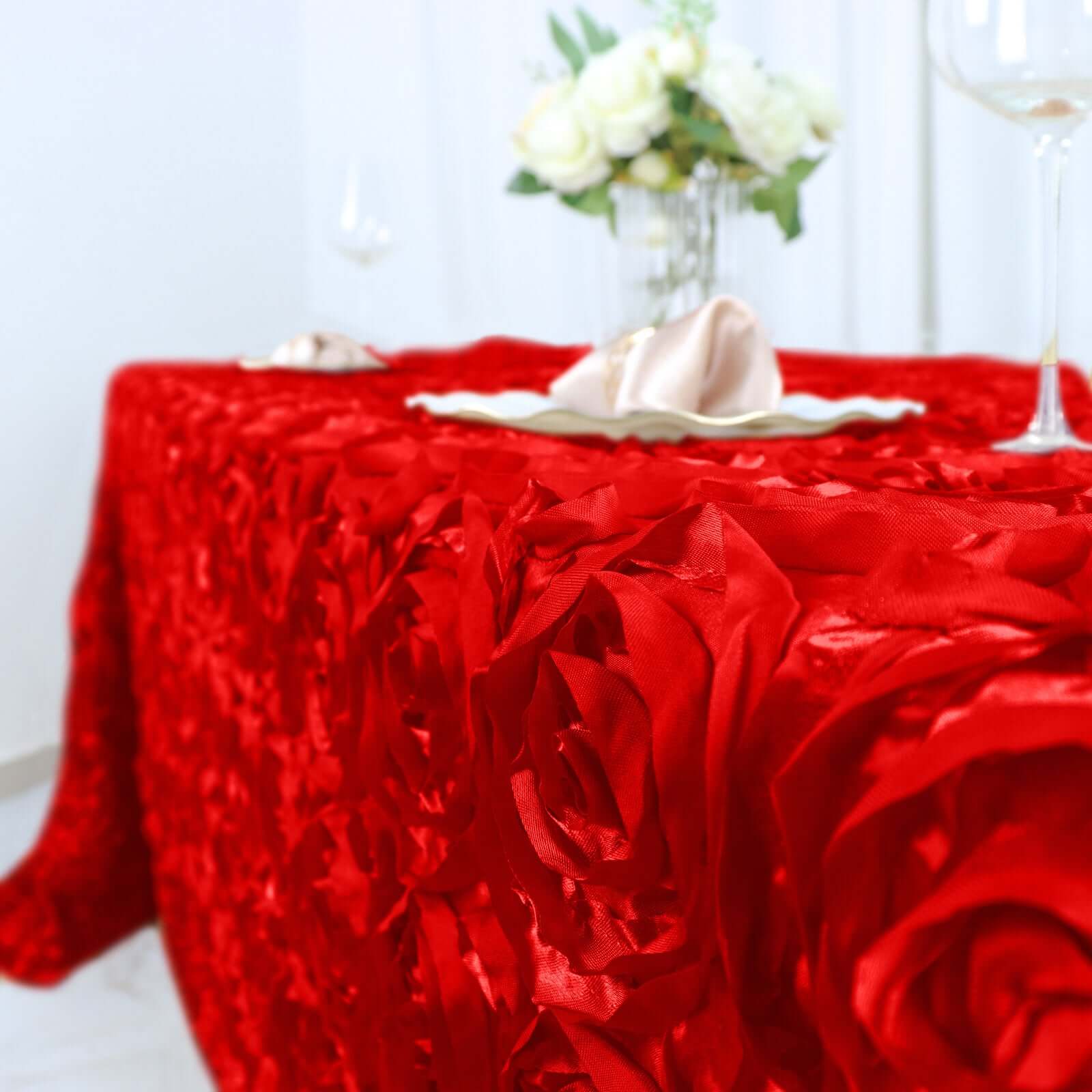 Satin 90"x132" Rectangle Tablecloth Red - Grandiose 3D Rosette Seamless Table Cover