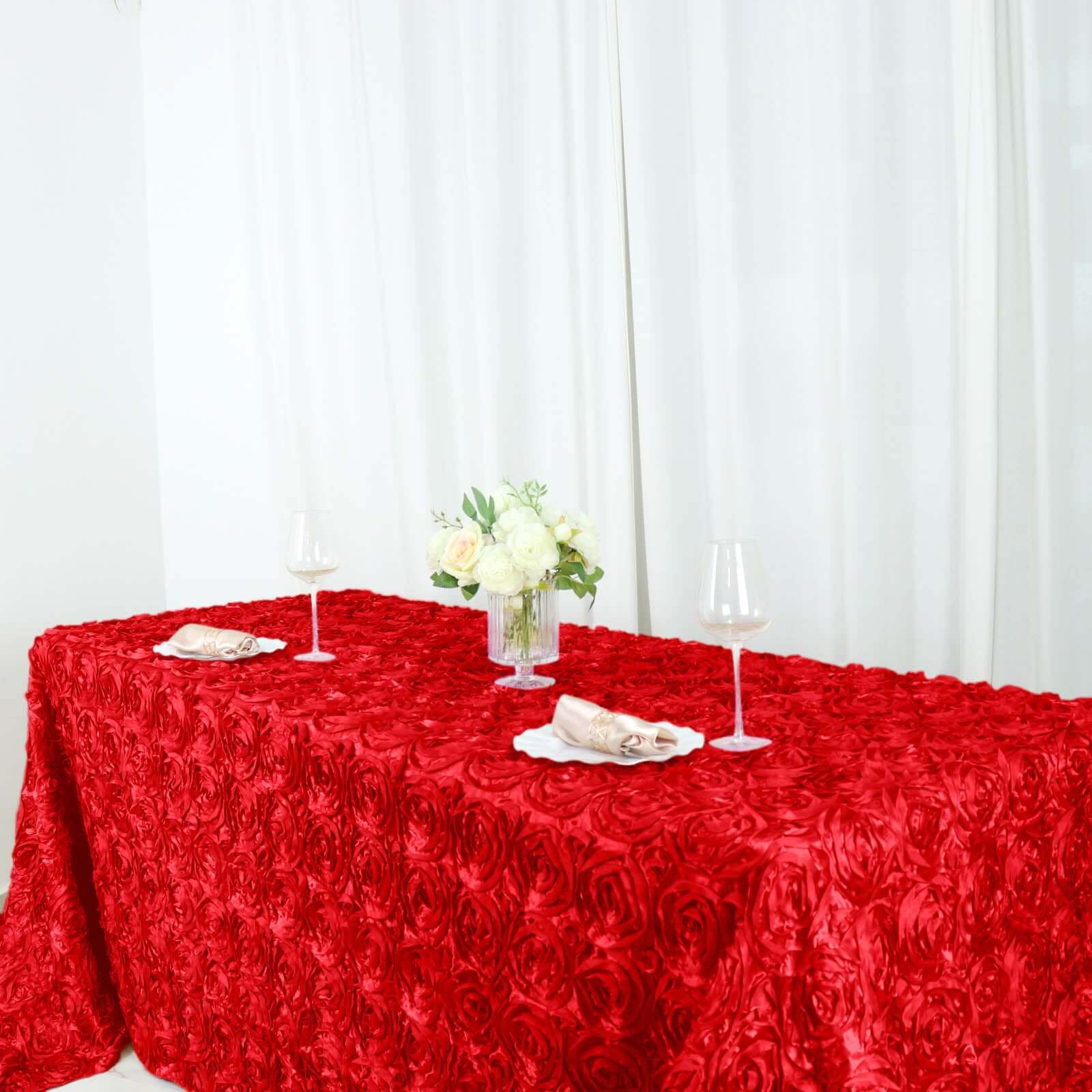 Satin 90"x156" Rectangle Tablecloth Red - Grandiose 3D Rosette Table Cover with Seamless Finish