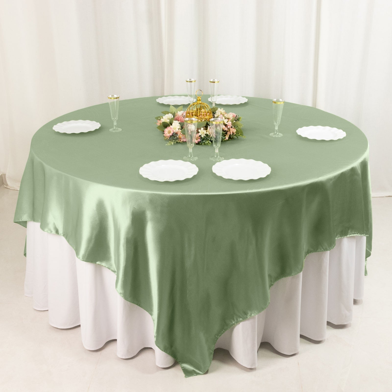 Satin 90"x90" Table Overlay Square Tablecloth Sage Green - Smooth Finish Table Topper