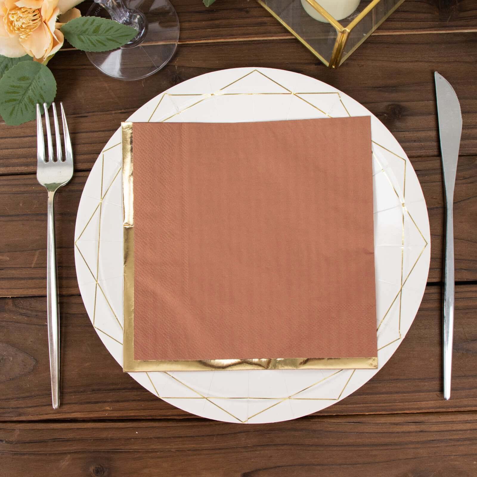 50-Pack Paper Beverage Napkins with Gold Foil Edge Terracotta (Rust) - Disposable 2 Ply Cocktail Napkins for Events 6.5"x6.5"