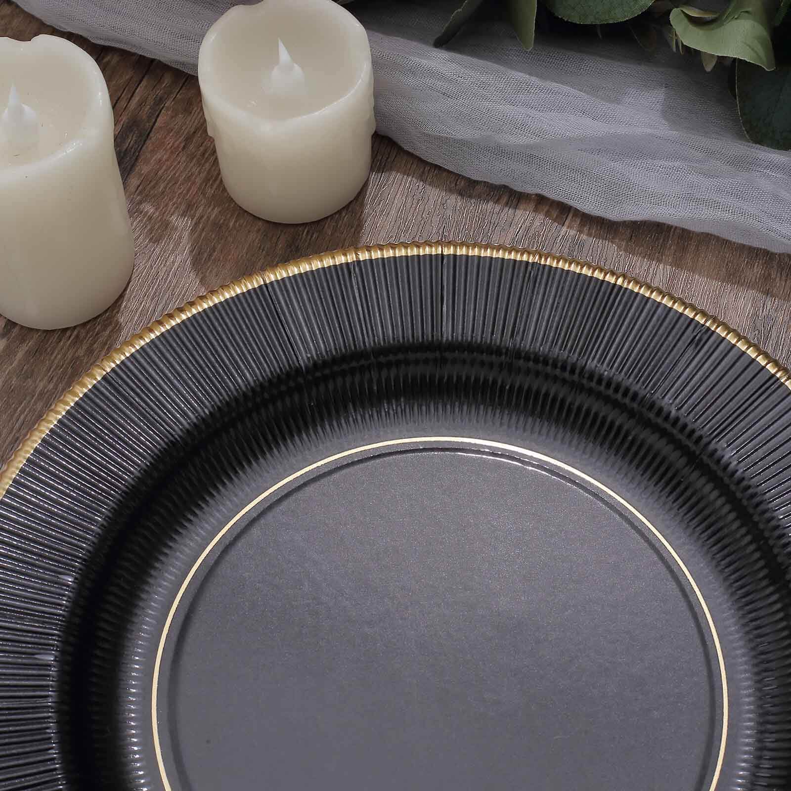 25-Pack Paper 10" Round Dinner Plates in Black Sunray Design with Gold Rim - Disposable Heavy Duty 350GSM Party Plates for Banquets & Celebrations