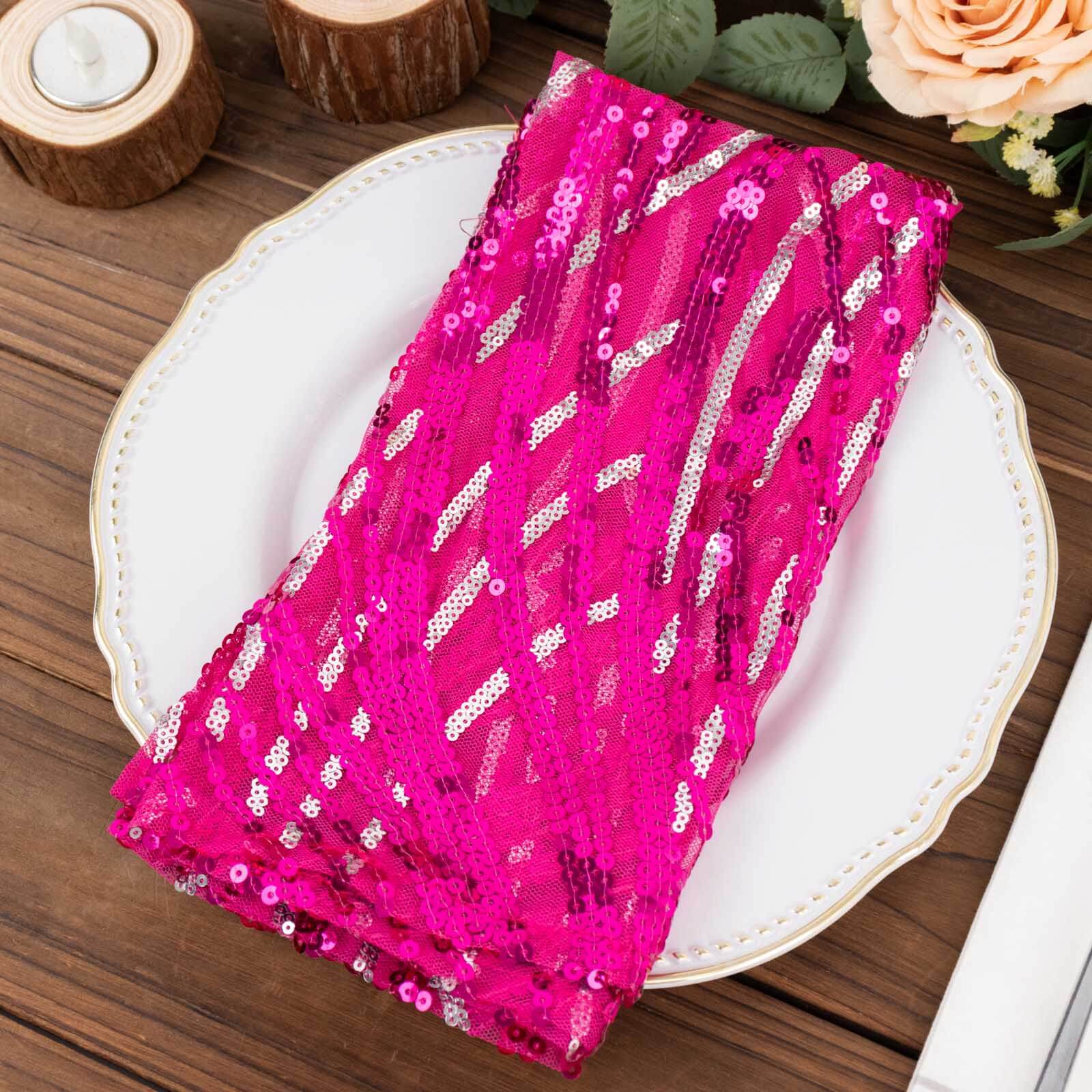 Sequin Mesh 20"x20" Napkin Fuchsia Silver - Wave Embroidered Reusable Napkin