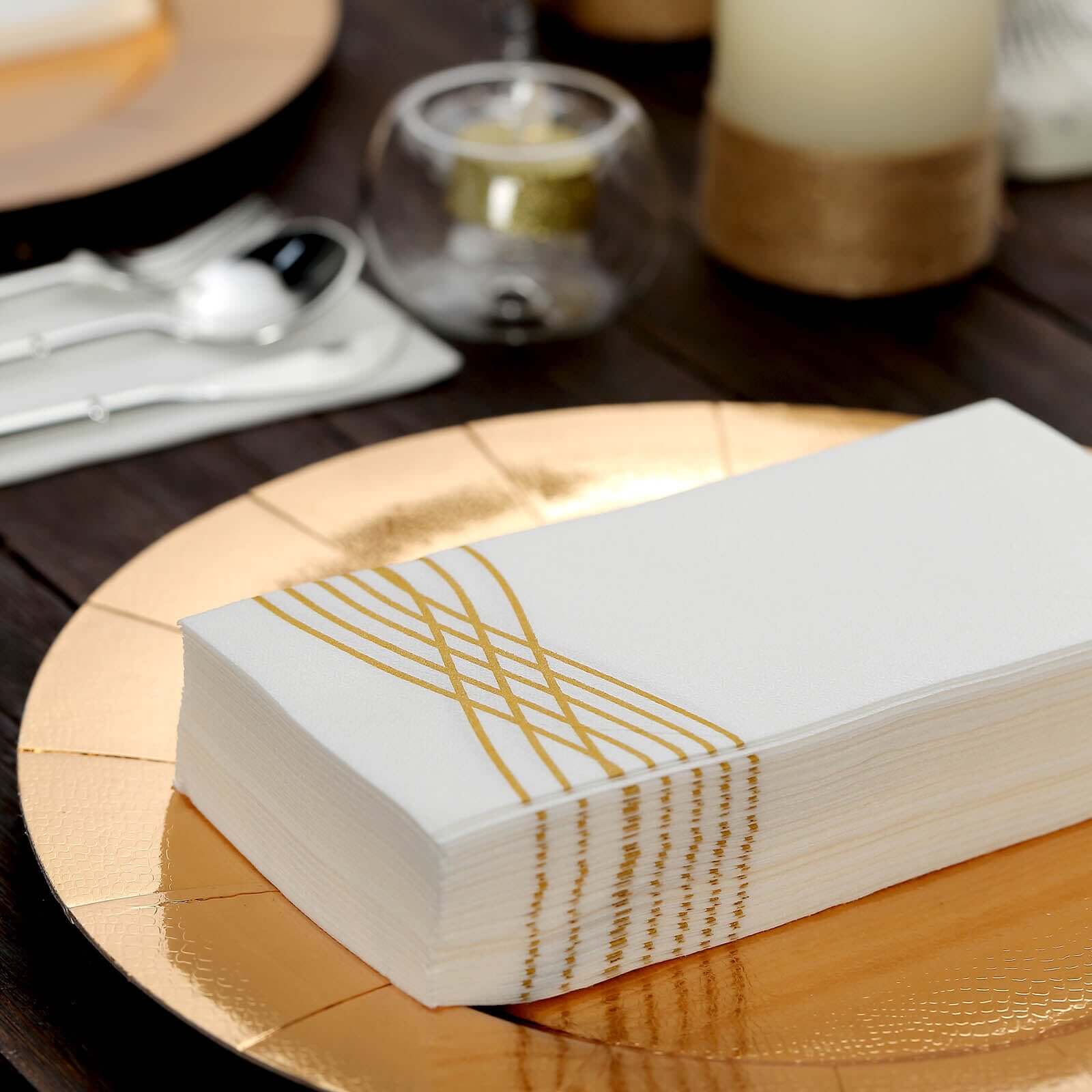 25 Pack Linen-Like Paper 8"x4" Napkins White with Metallic Gold Foil Wave Design - Soft & Absotbent Airlaid Hand Towels for Exquisite Weddings & Events