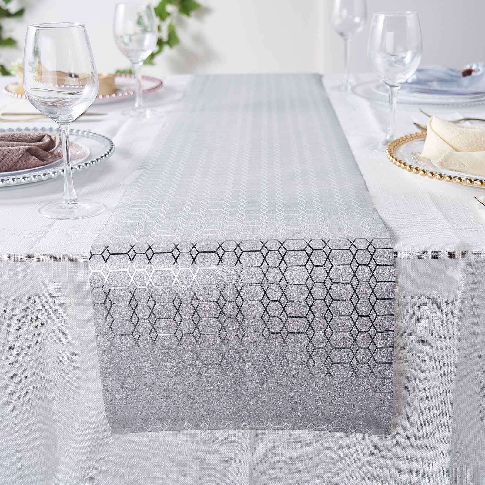 Glitter Paper 9ft Table Runner Roll Silver Disposable Geometric Honeycomb Pattern Table Decor