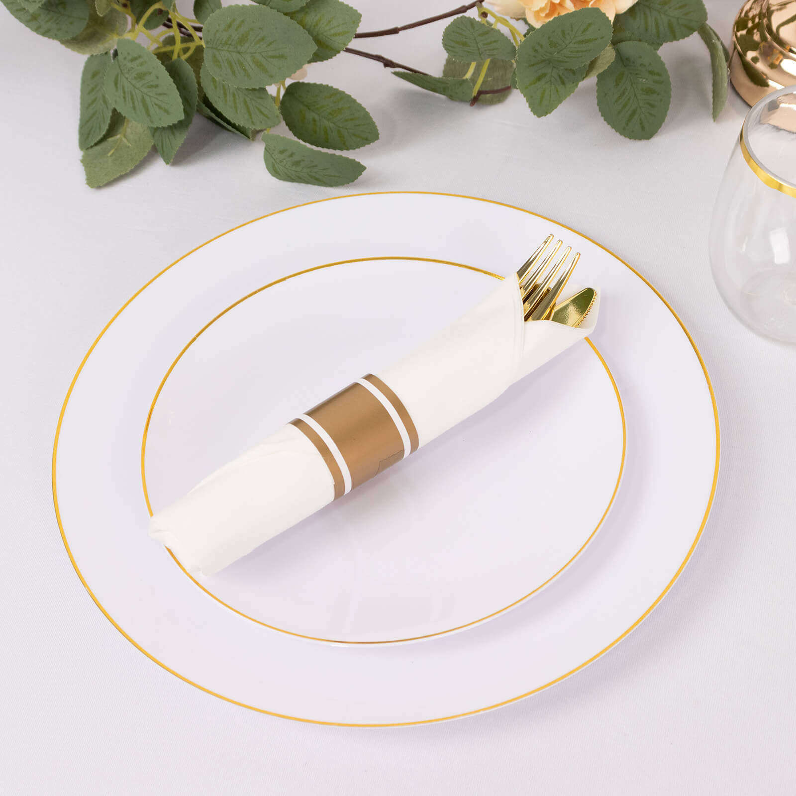 Set of 24 Gold Plastic Silverware with Pre-Rolled White Paper Napkins - Disposable Wrapped Fork, Spoon, and Knife Set