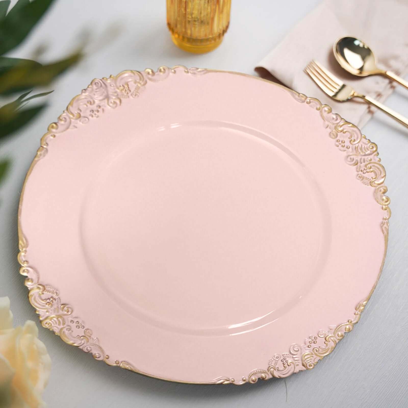 6-Pack Acrylic Round Charger Plates 13" in Blush with Gold Embossed Baroque Rim, Antique Decorative Dinner Party Charger Tableware