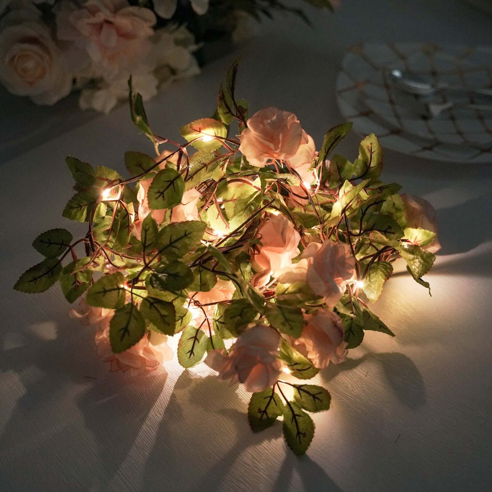 7ft 20 LED Blush Silk Rose Flower Garland Vine String Lights, Warm White Battery Operated