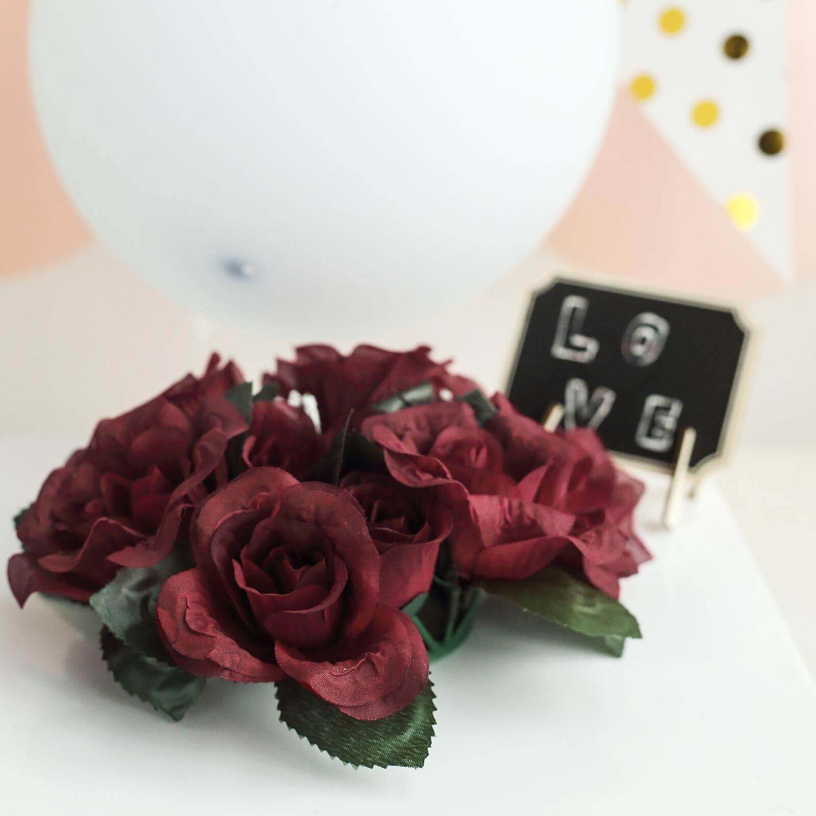 4 Pack 3" Burgundy Artificial Silk Rose Flower Candle Ring Wreaths