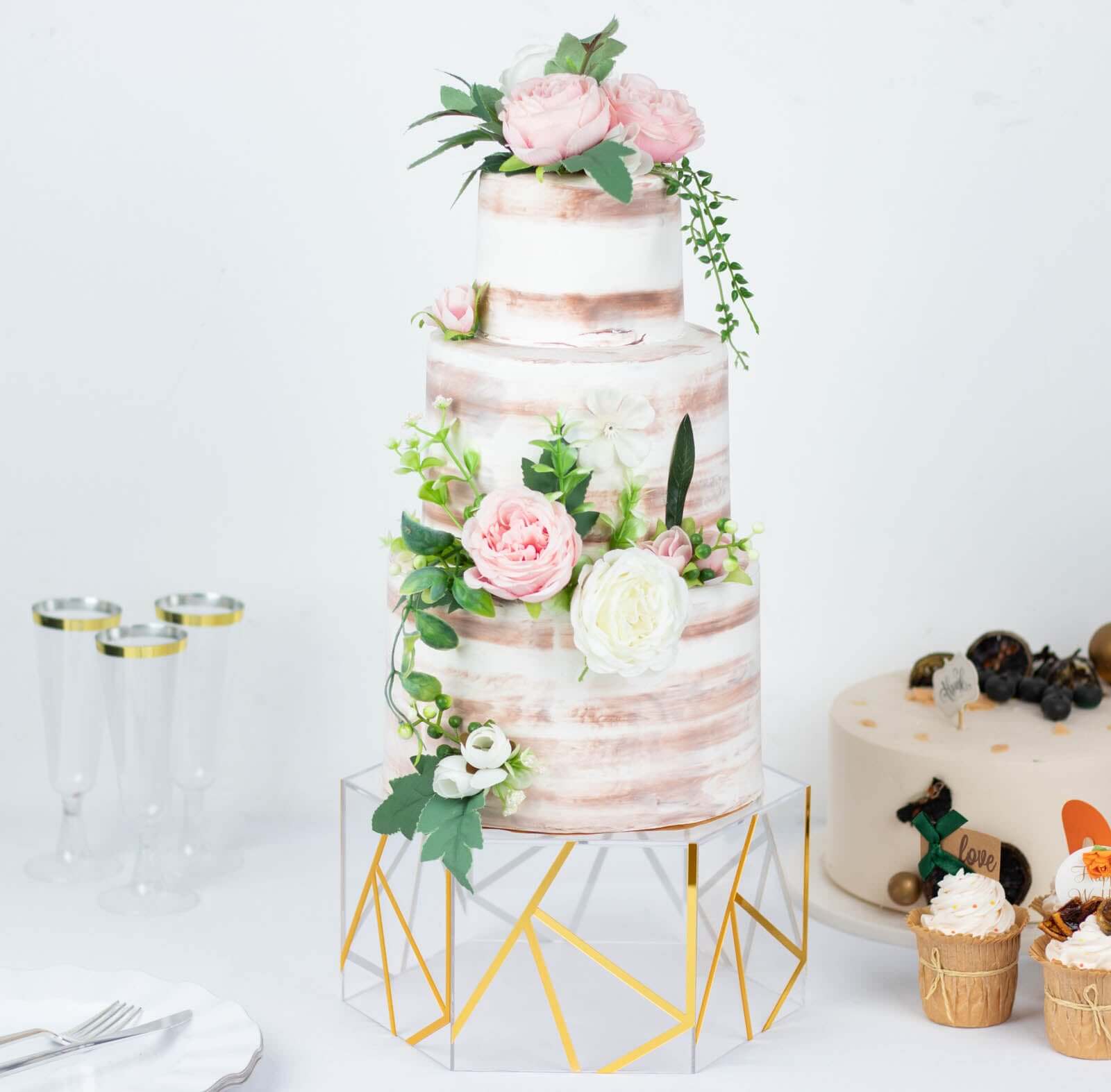 Acrylic Cake Stand Pedestal Riser Box Hexagonal Design Clear and Gold 10"x5" - Decorative Event Display