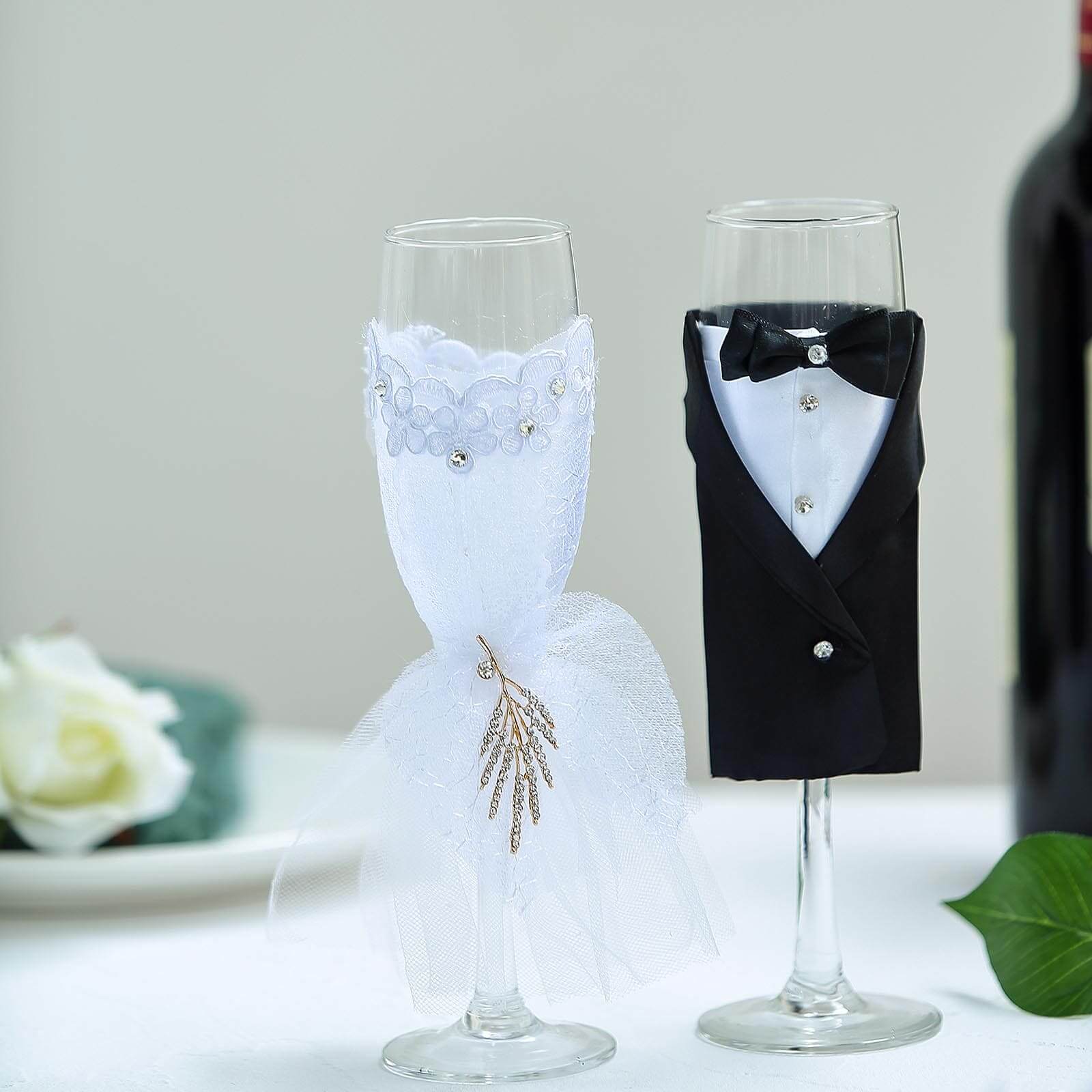 Set of 2 Clear Champagne Flutes with Black Bride and Groom Koozies - Wedding Toast Glasses 9"