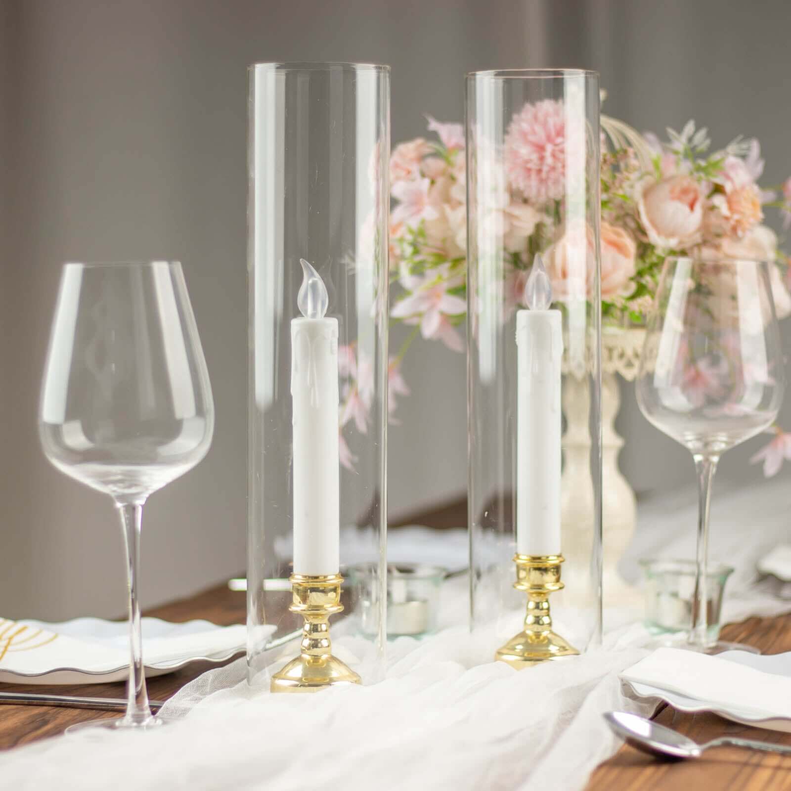 2-Pack Clear Glass Candelabra Shades Open End Hurricane Design - Stylish Table Centerpiece 18"